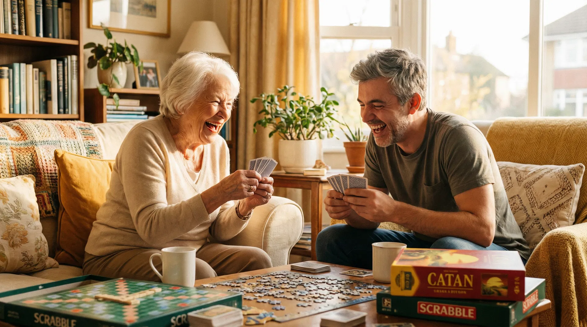 Senior and companion laughing while playing cards and board games