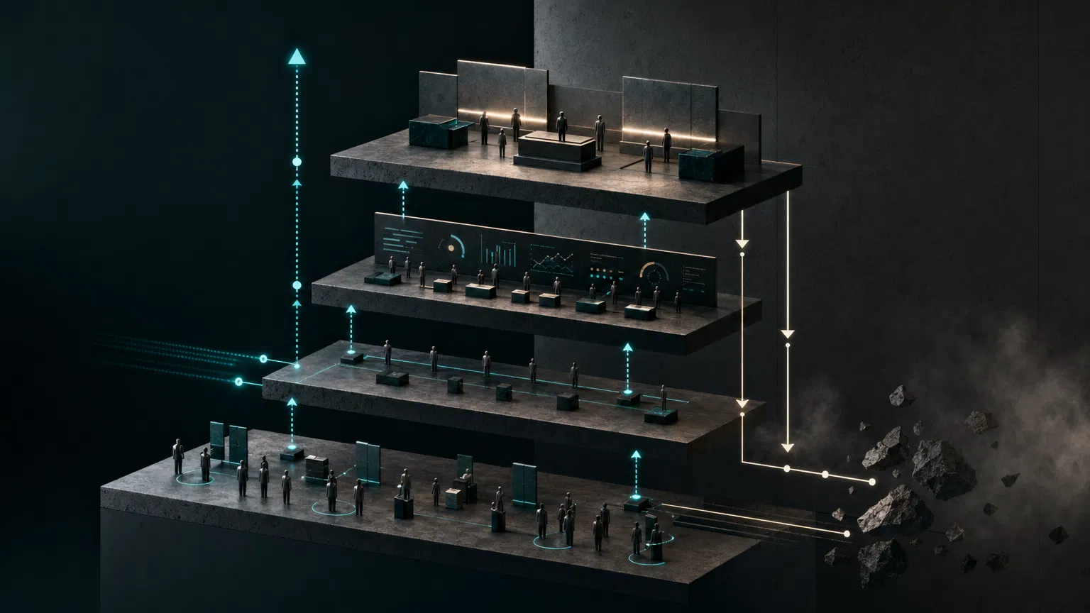Camadas abstratas representando níveis organizacionais e fluxos de accountability