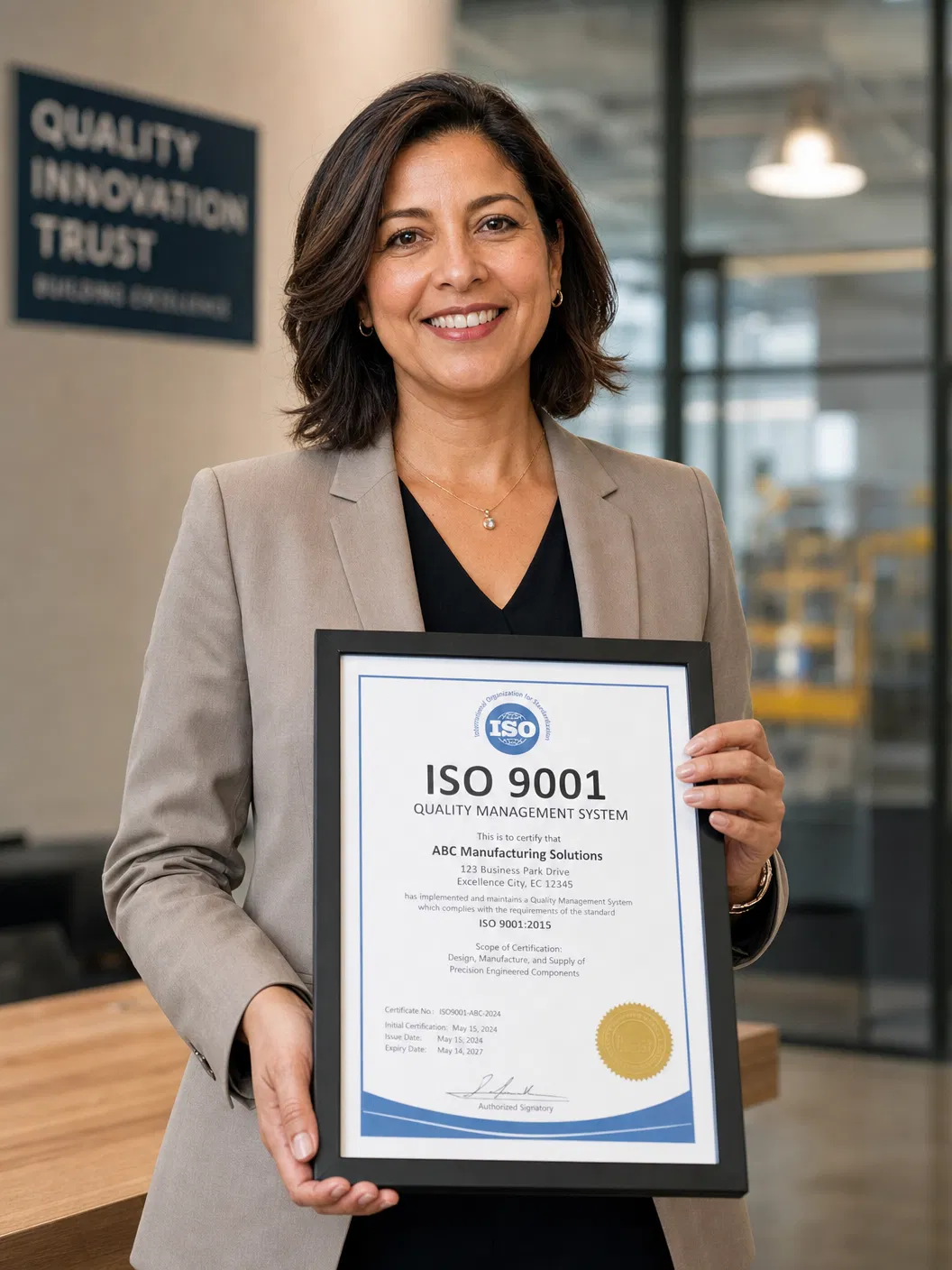 Small business owner holding ISO 9001 certificate