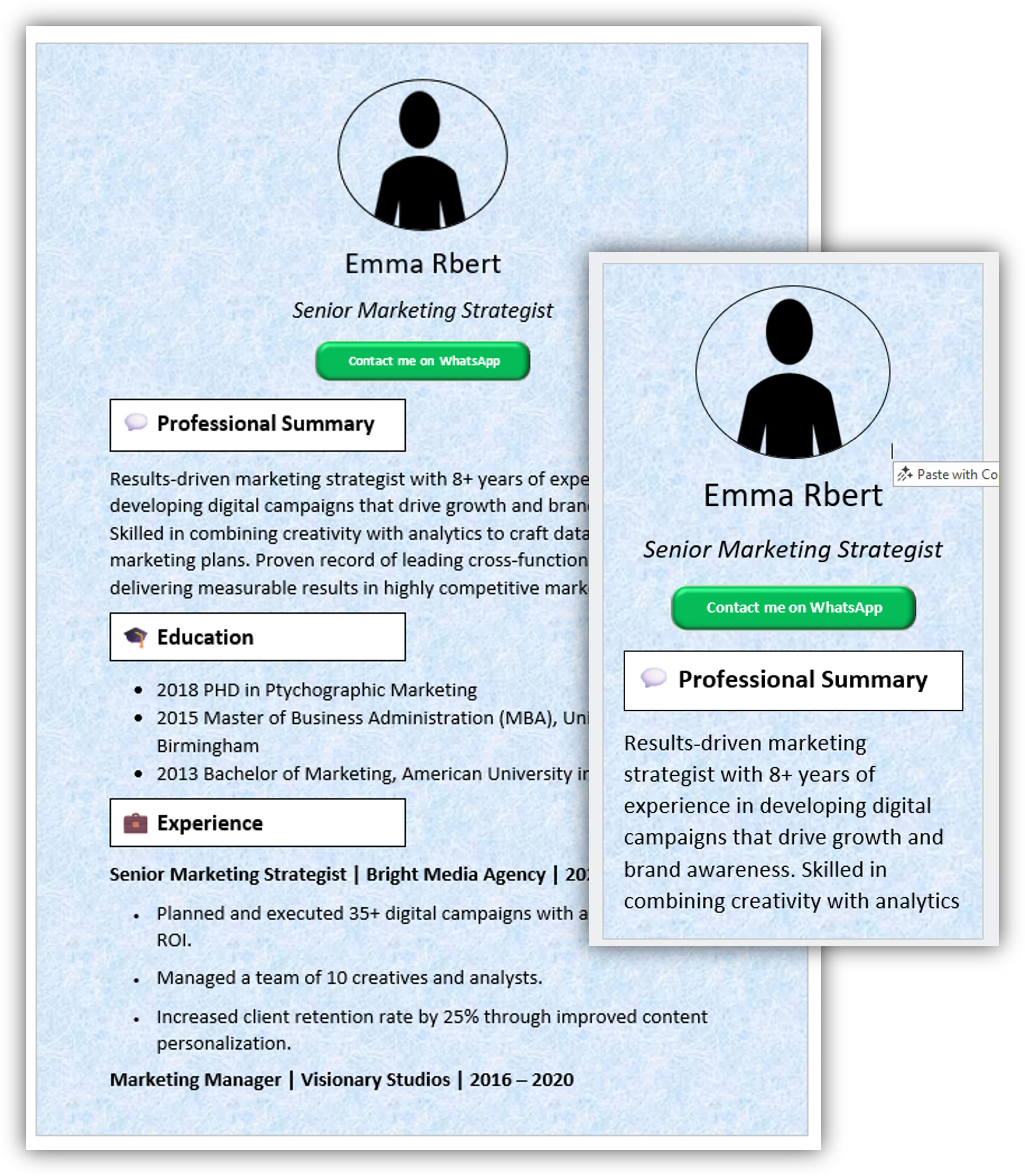 Blue Marble Background CV Template (Mobile + Desktop Versions)