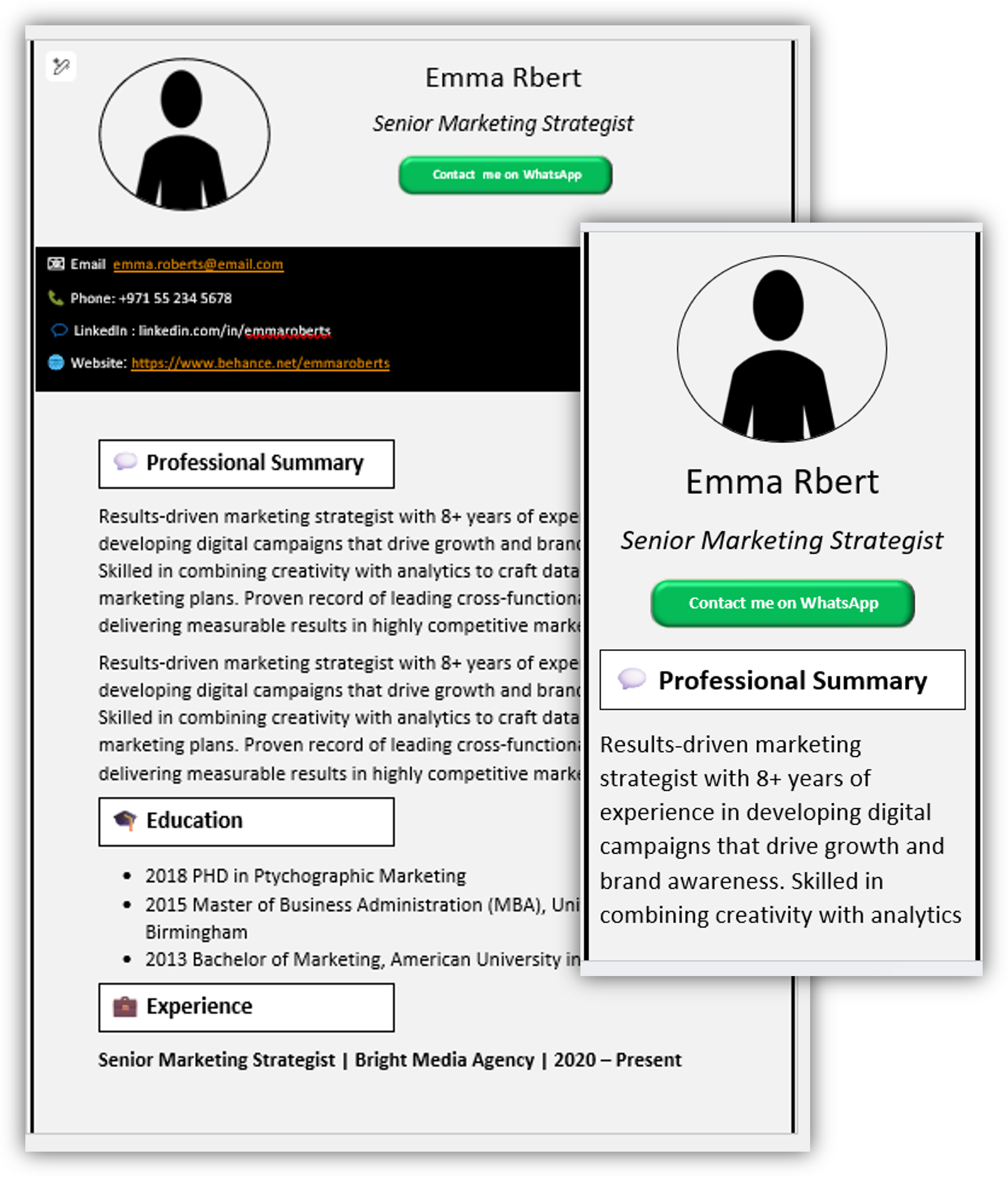 Two-Columns-Gray-And-Black CV Template (Mobile + Desktop Versions)