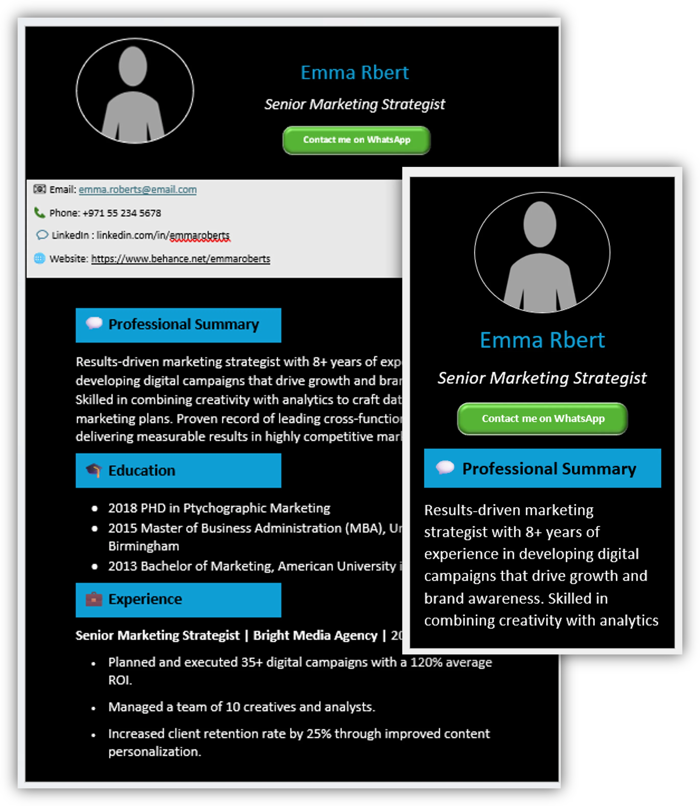 Blue Bottoms – Black Background CV Template (Mobile + Desktop Versions)