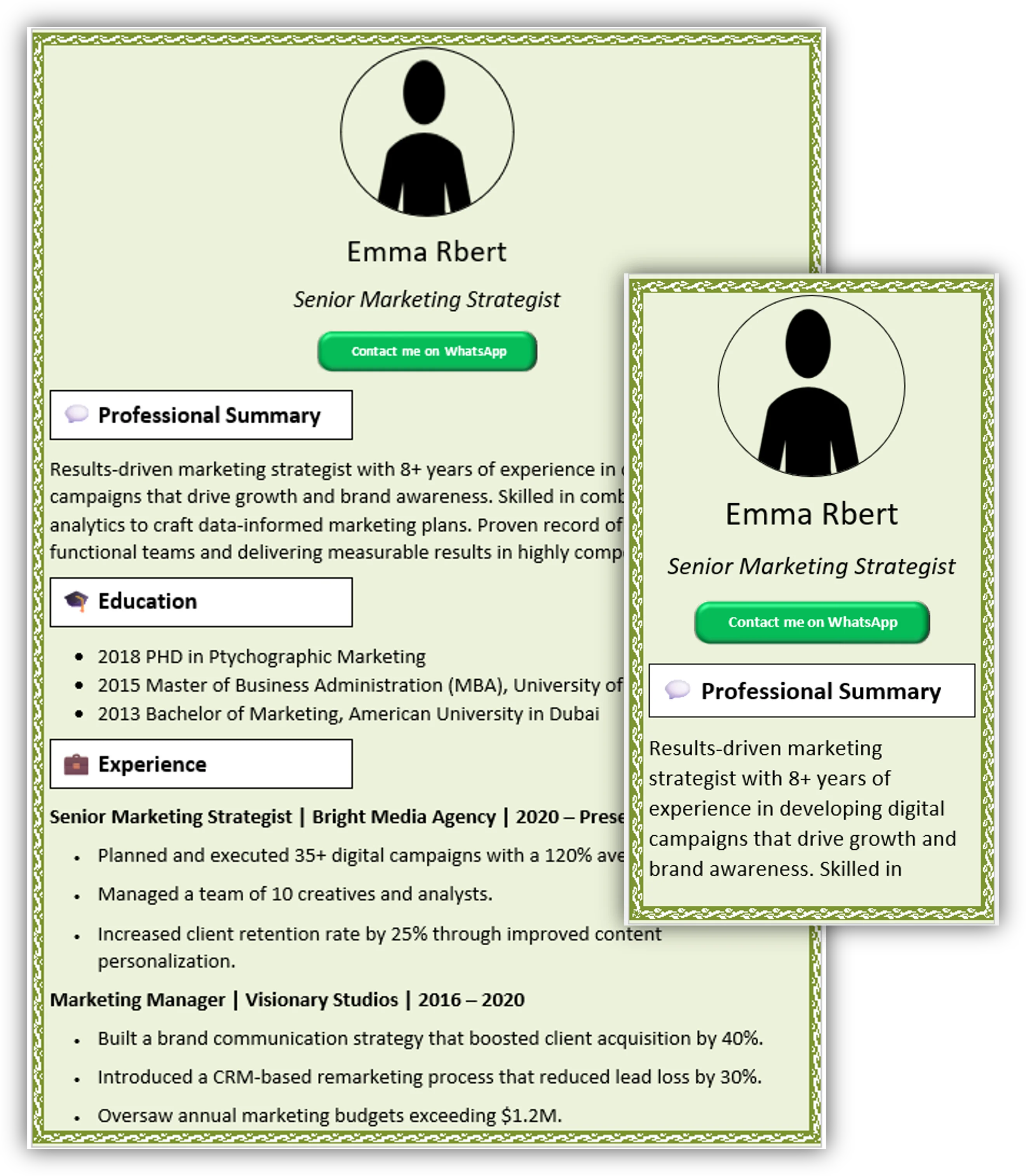 Green With Art Margin CV Template (Mobile + Desktop Versions)