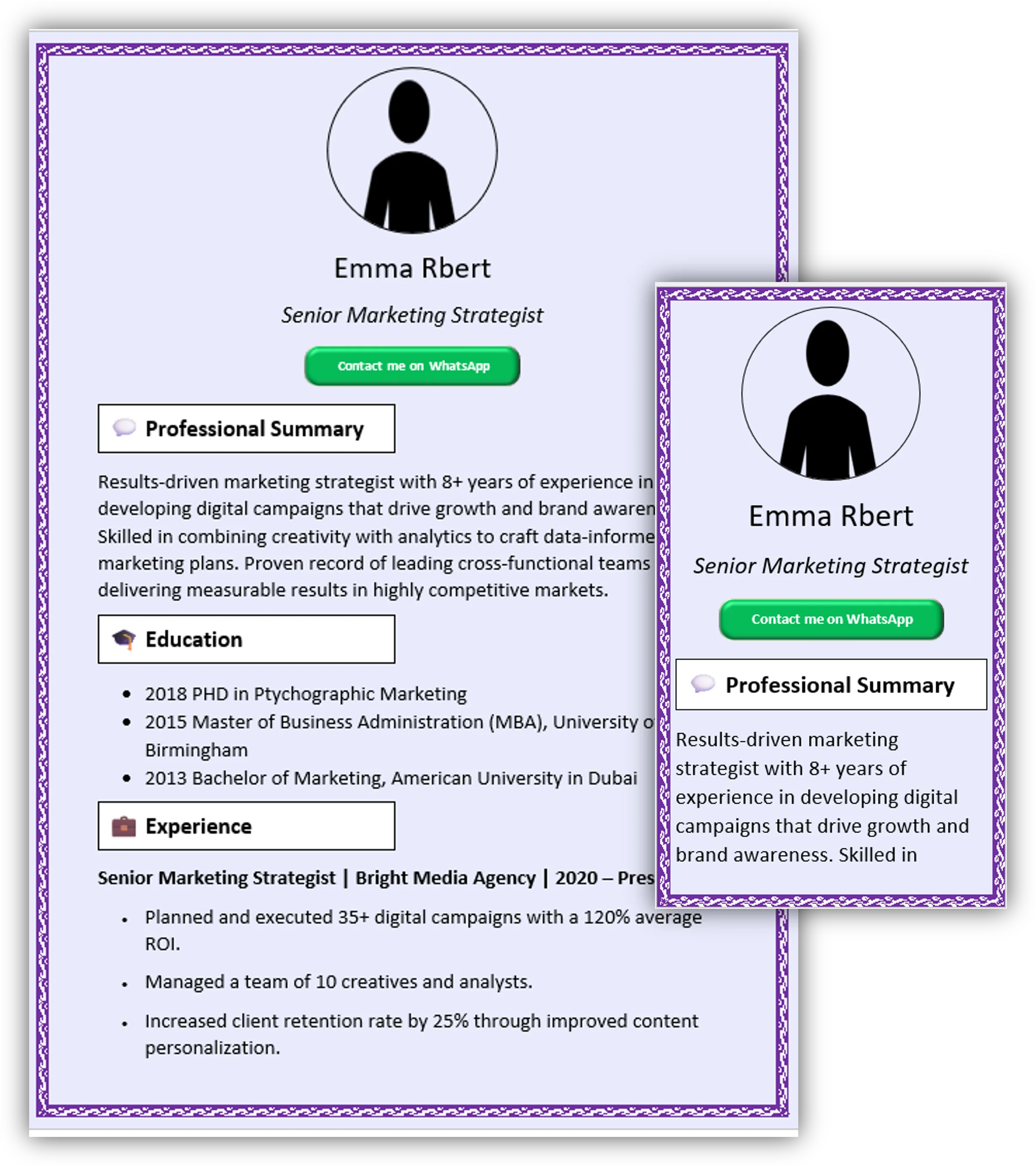 Violet with Art Margin CV Template (Mobile + Desktop Versions)