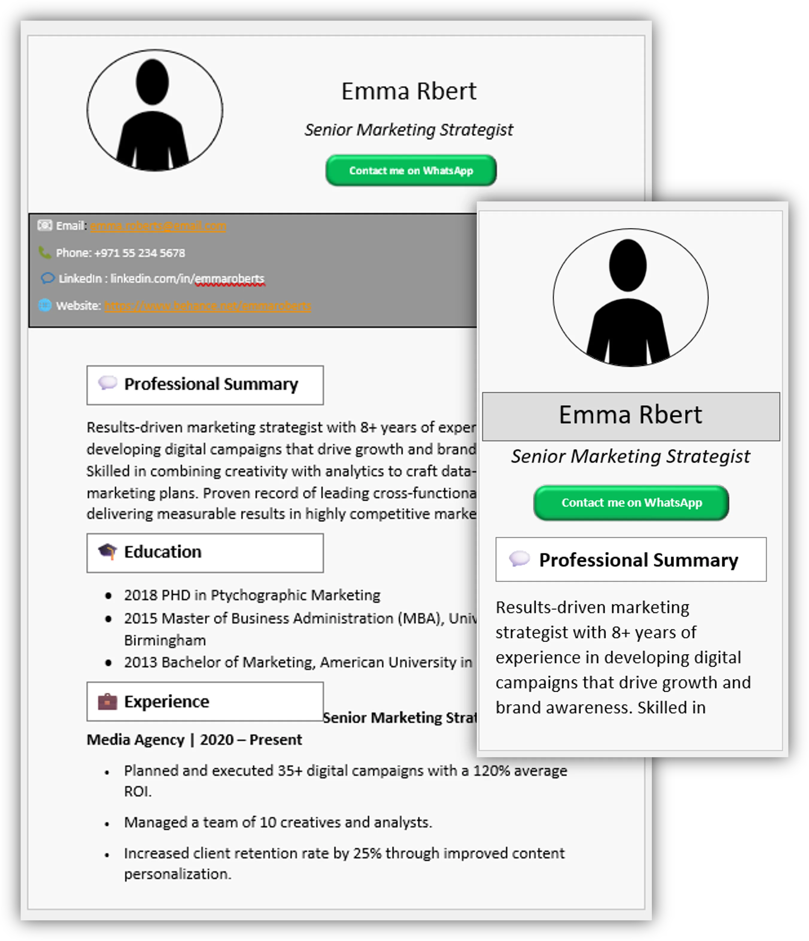 Bottoms White Simple Gray CV Template (Mobile + Desktop Versions)