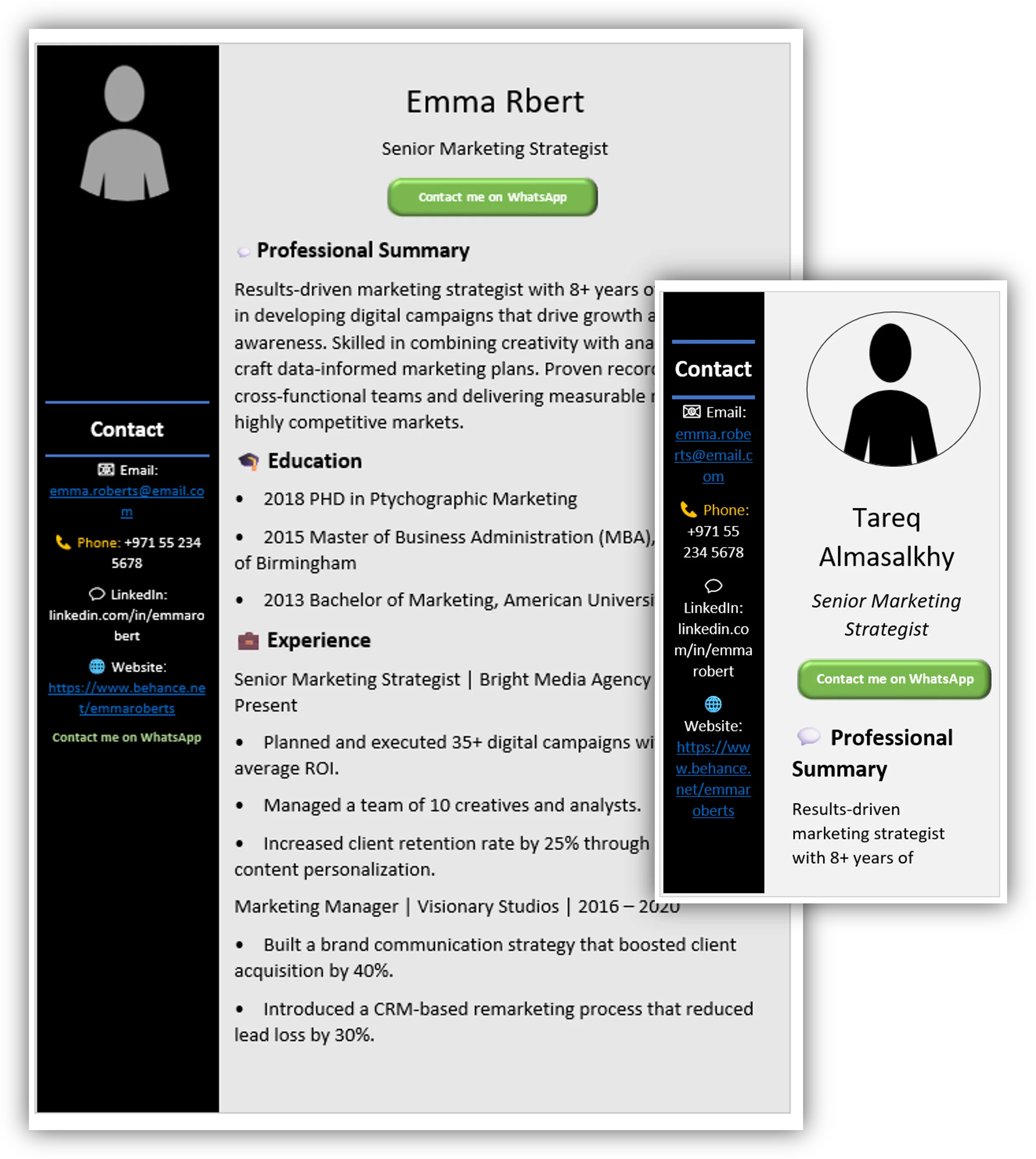 Two-Columns Gray and Black CV Template (Mobile + Desktop Versions)
