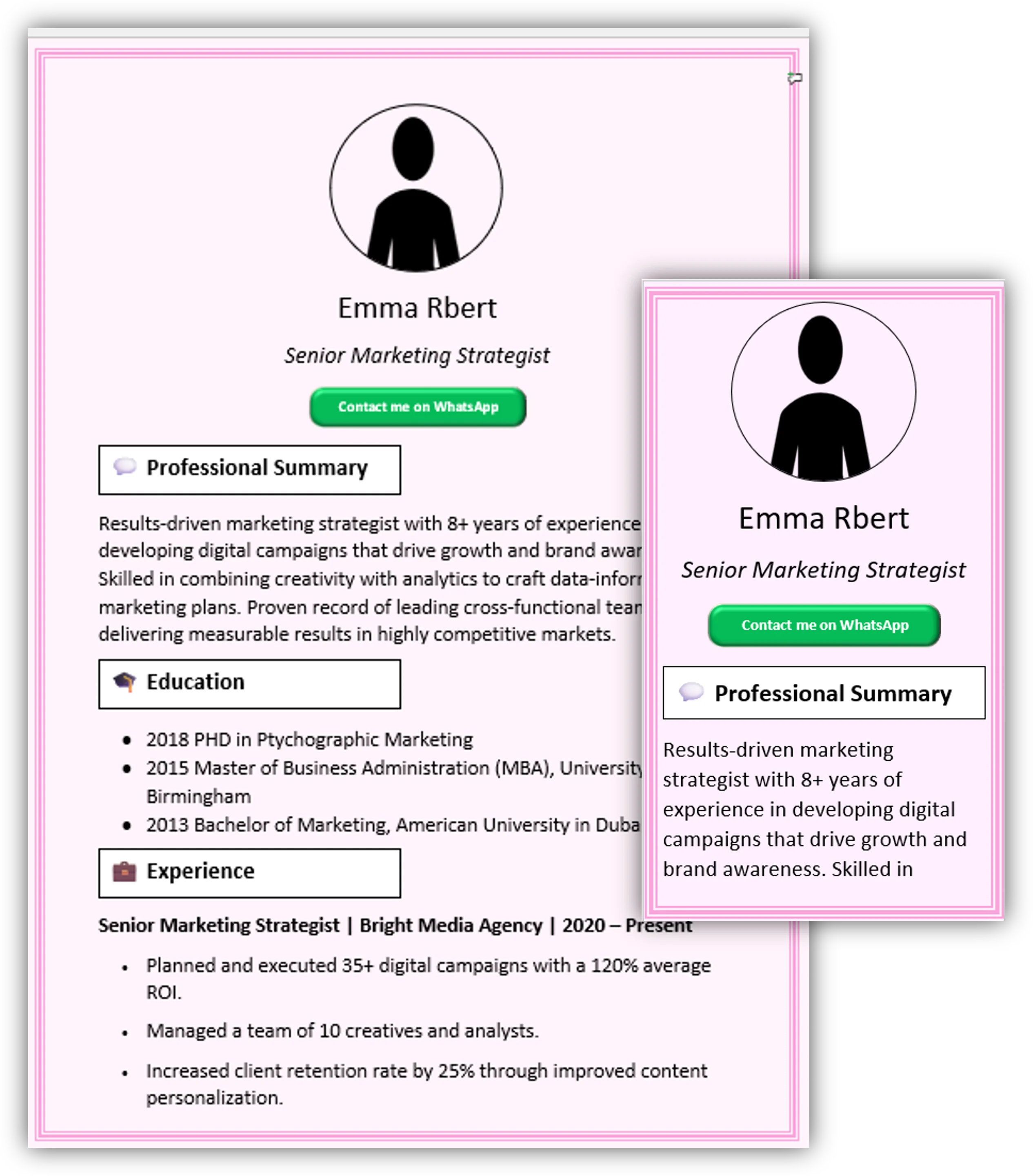 Rose with Line Margin CV Template (Mobile + Desktop Versions)