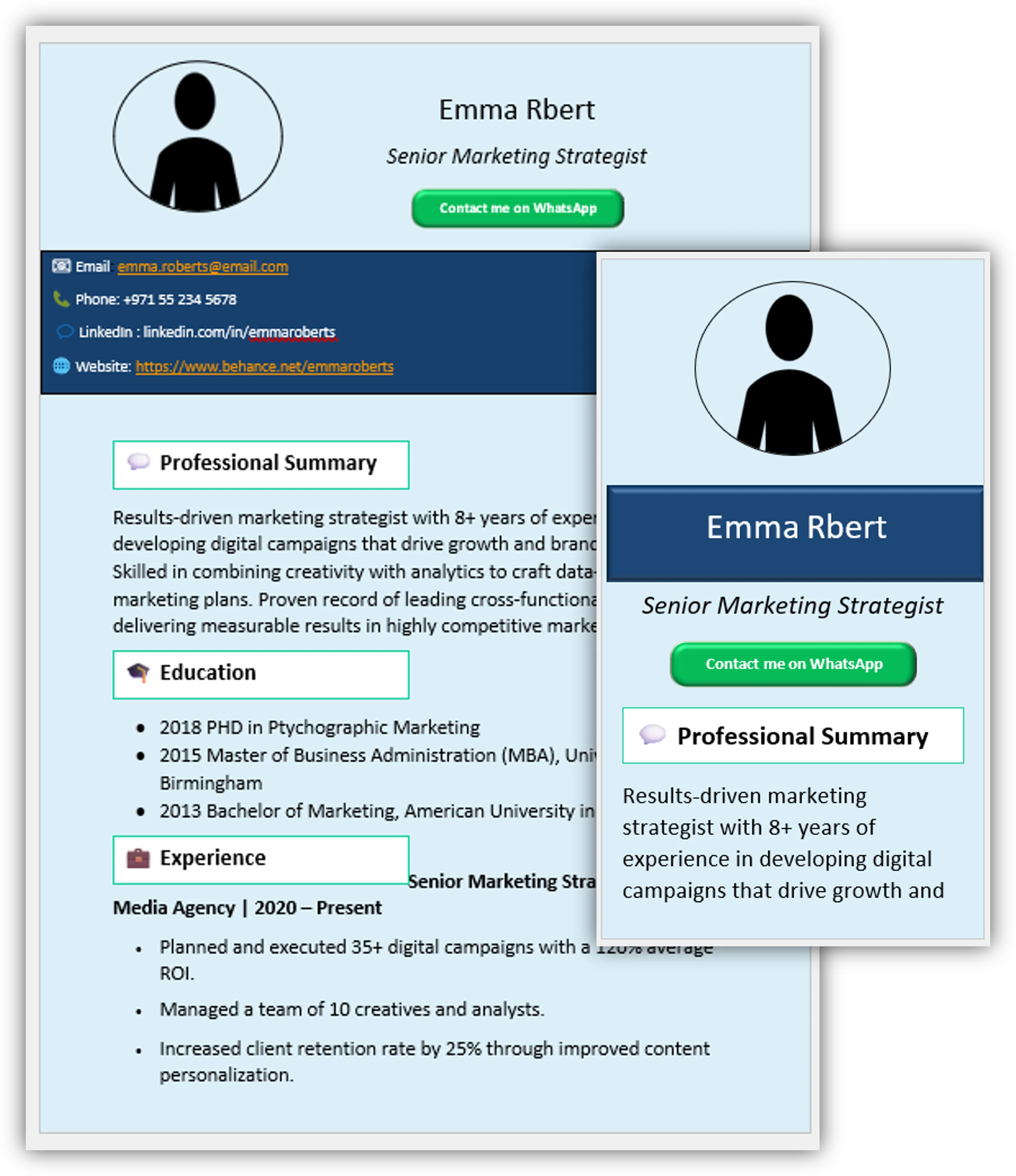 Bottoms White & Blue Banner CV Template (Mobile + Desktop Versions)
