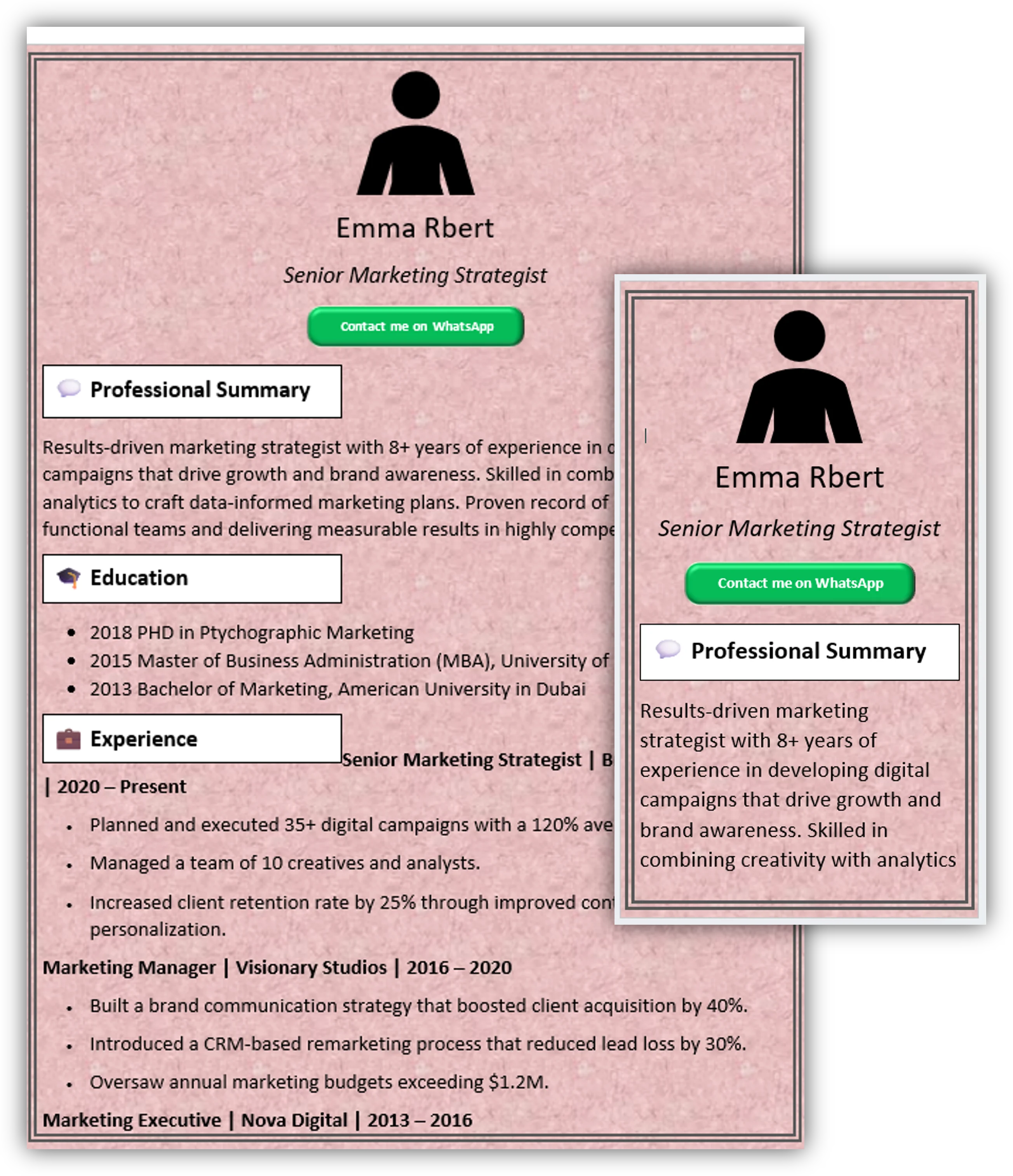Line Margin with Marble Pink Background CV Template (Mobile + Desktop Versions)