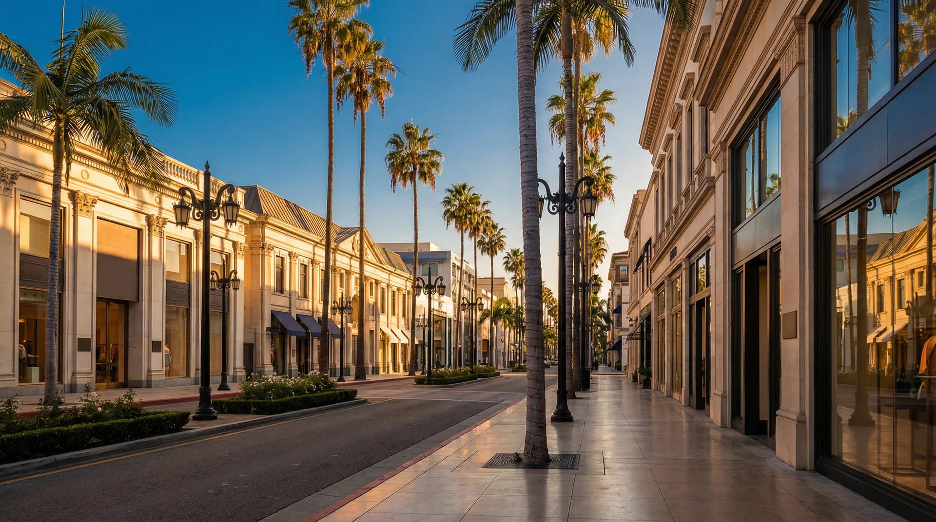 Beverly Hills palm tree-lined street with luxury storefronts and clear blue sky