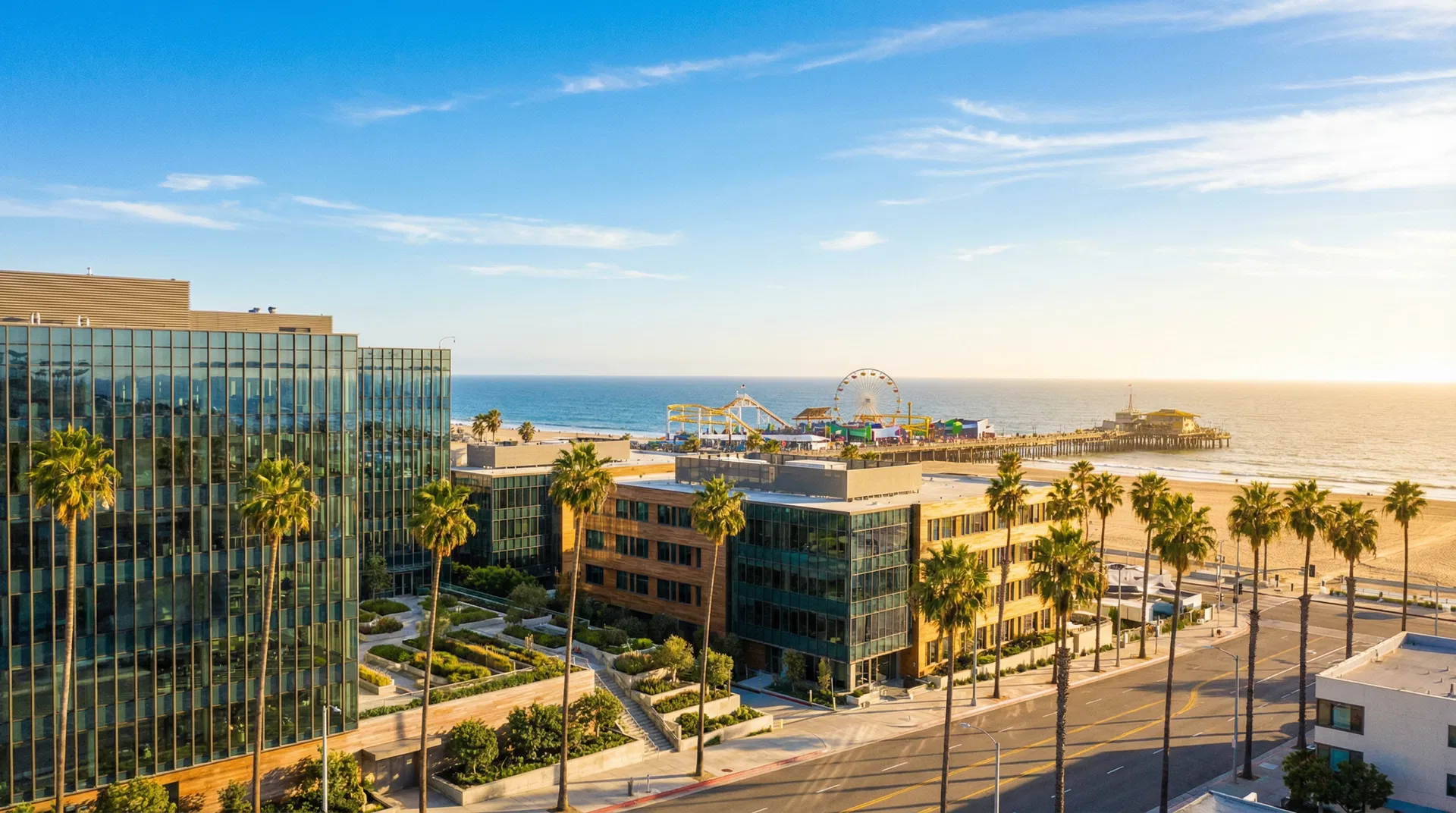 Santa Monica pier and coastline at sunset with ocean waves and palm trees