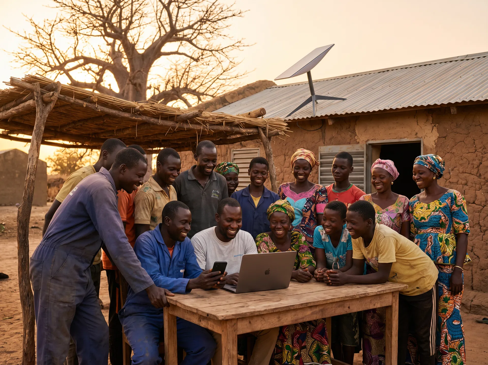 Community members connected via Starlink in rural Senegal