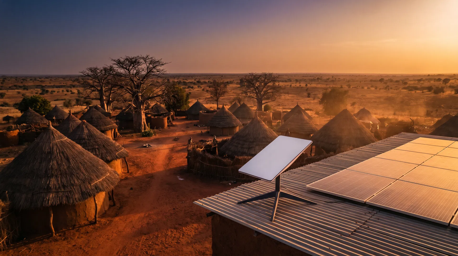 Satellite dish and solar panels in rural Senegal at golden hour