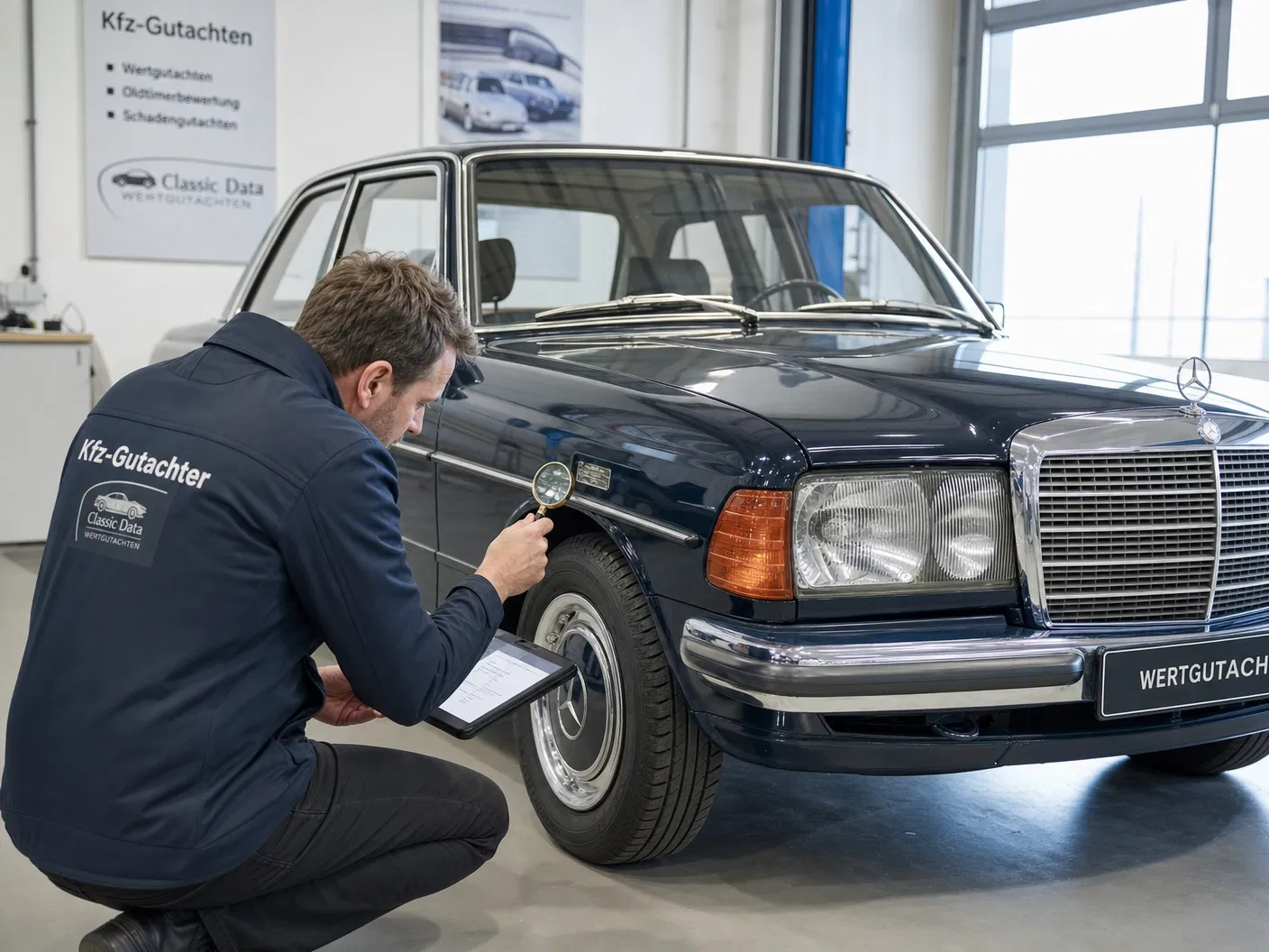 Wertgutachten: Kfz-Sachverständiger begutachtet einen Mercedes-Oldtimer