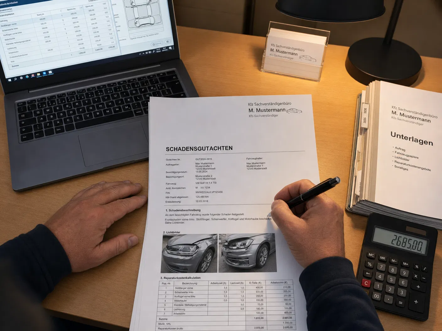 Kfz-Sachverständiger erstellt professionelles Schadensgutachten mit Kalkulationssoftware