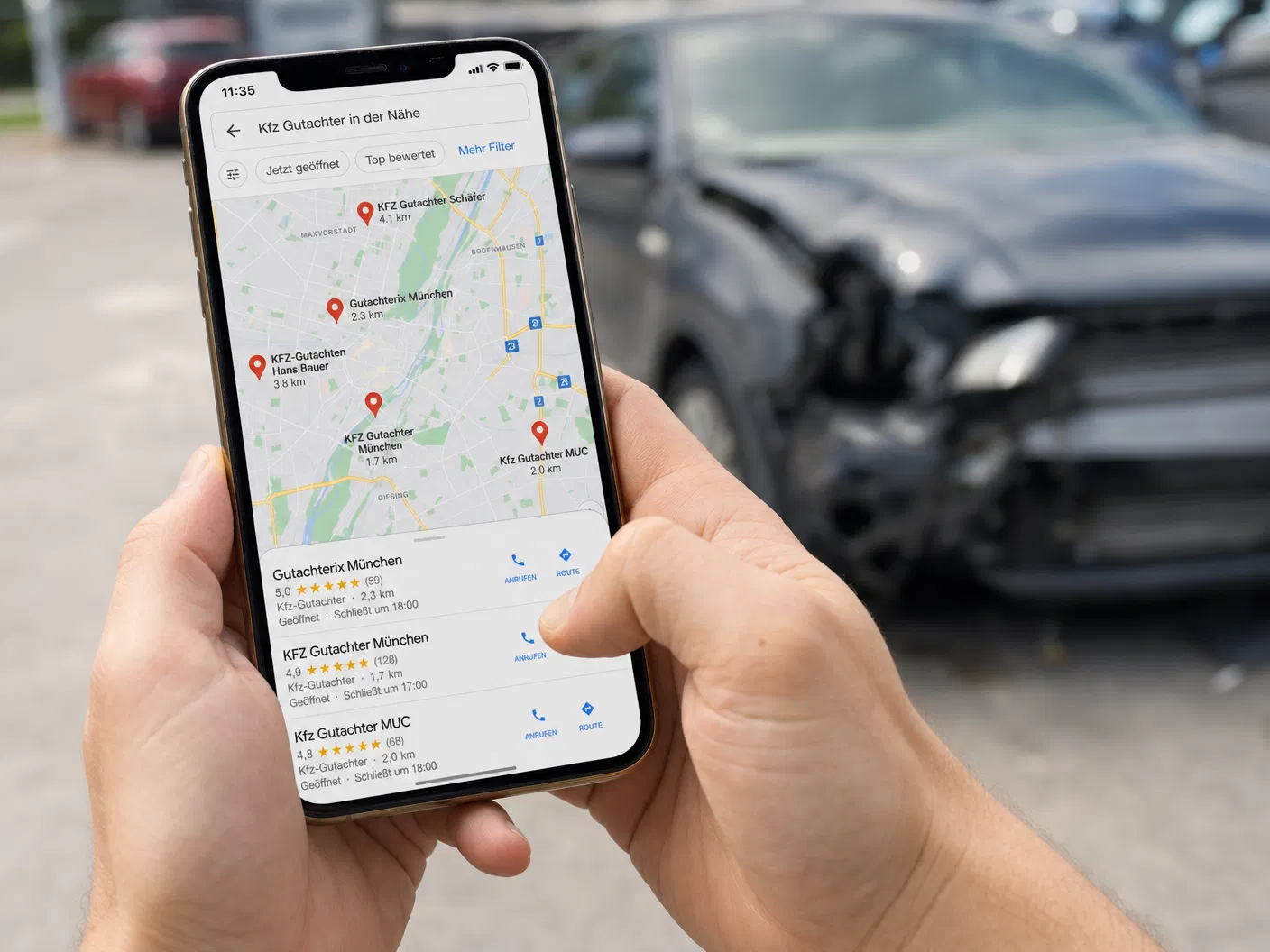 Smartphone-Suche nach Kfz-Gutachter in der Nähe auf Google Maps