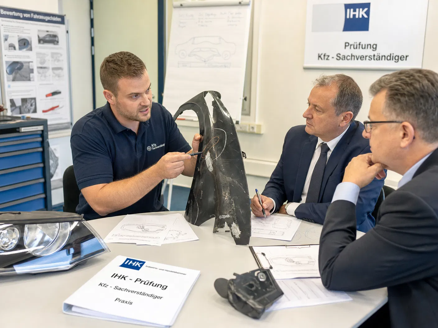 IHK-Prüfung zum Kfz-Sachverständigen: Kandidat erklärt Schadensbewertung vor Prüfern