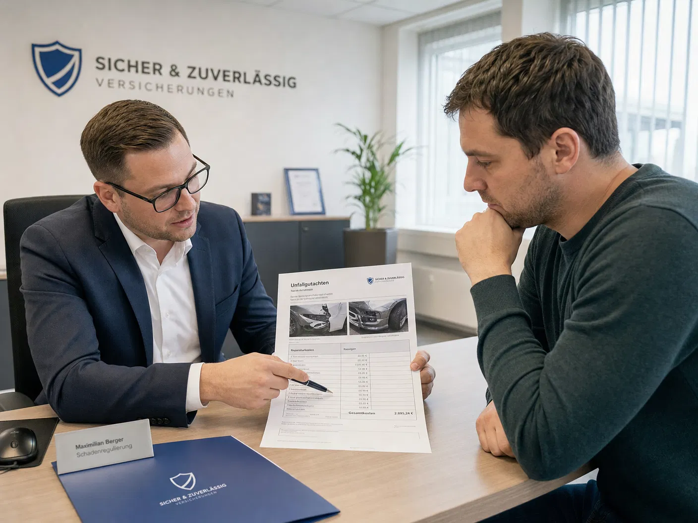 Schadenregulierung: Versicherungsmitarbeiter erklärt Kostenübernahme nach Unfall