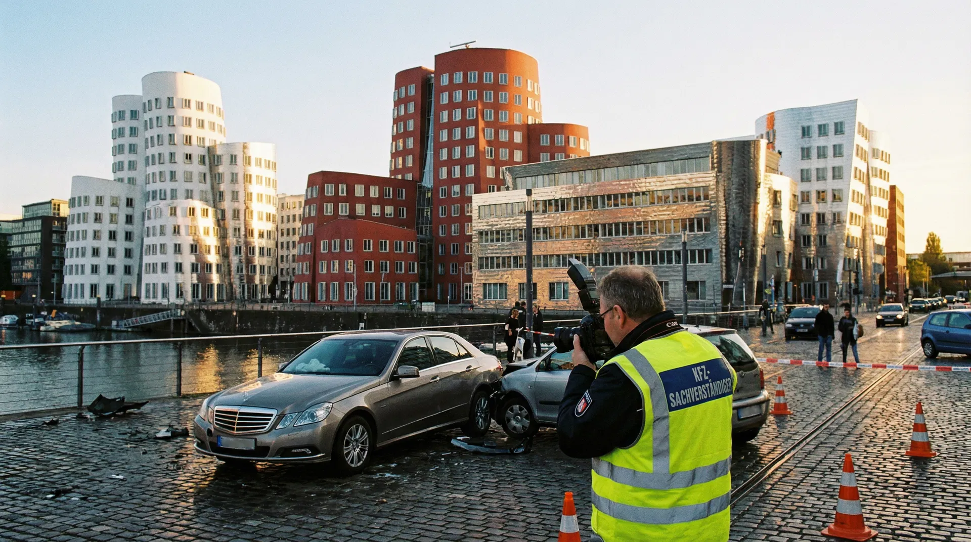 Unfallgutachter bei der Schadensaufnahme in Düsseldorf