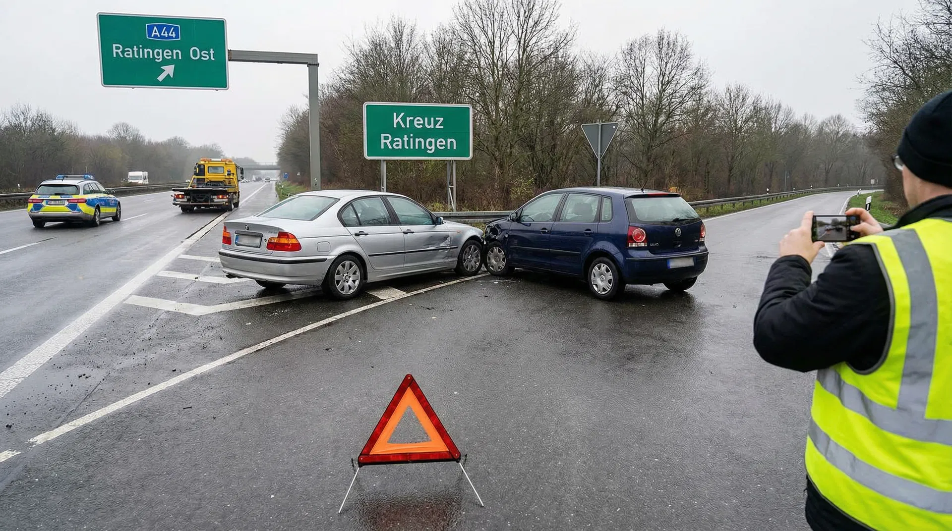 Unfallstelle mit Fahrzeugen - Kfz-Gutachter dokumentiert Schäden in Ratingen NRW