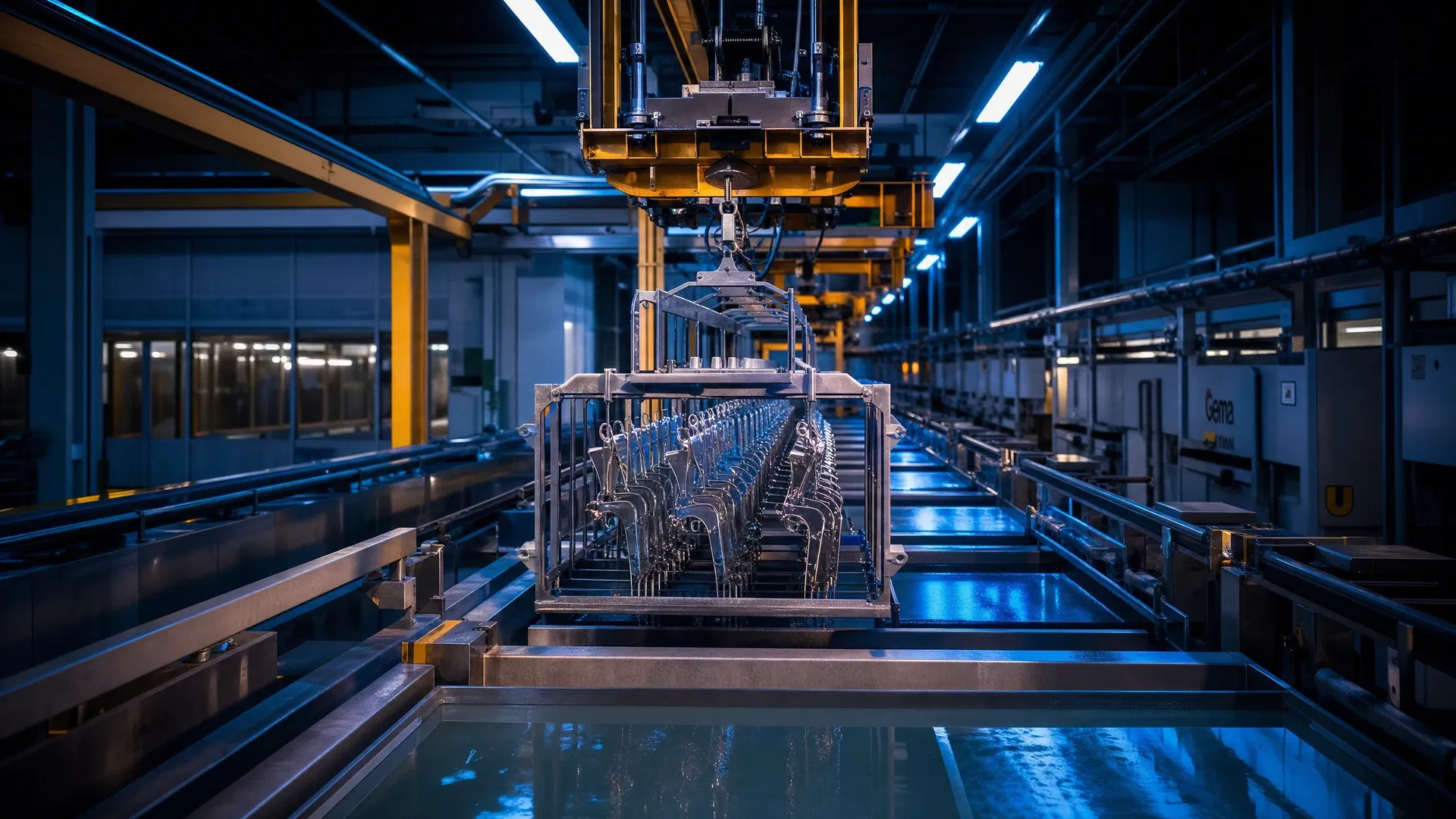 Automatisierte Galvanik-Produktionslinie mit computergesteuertem Transportsystem und Galvanikbädern