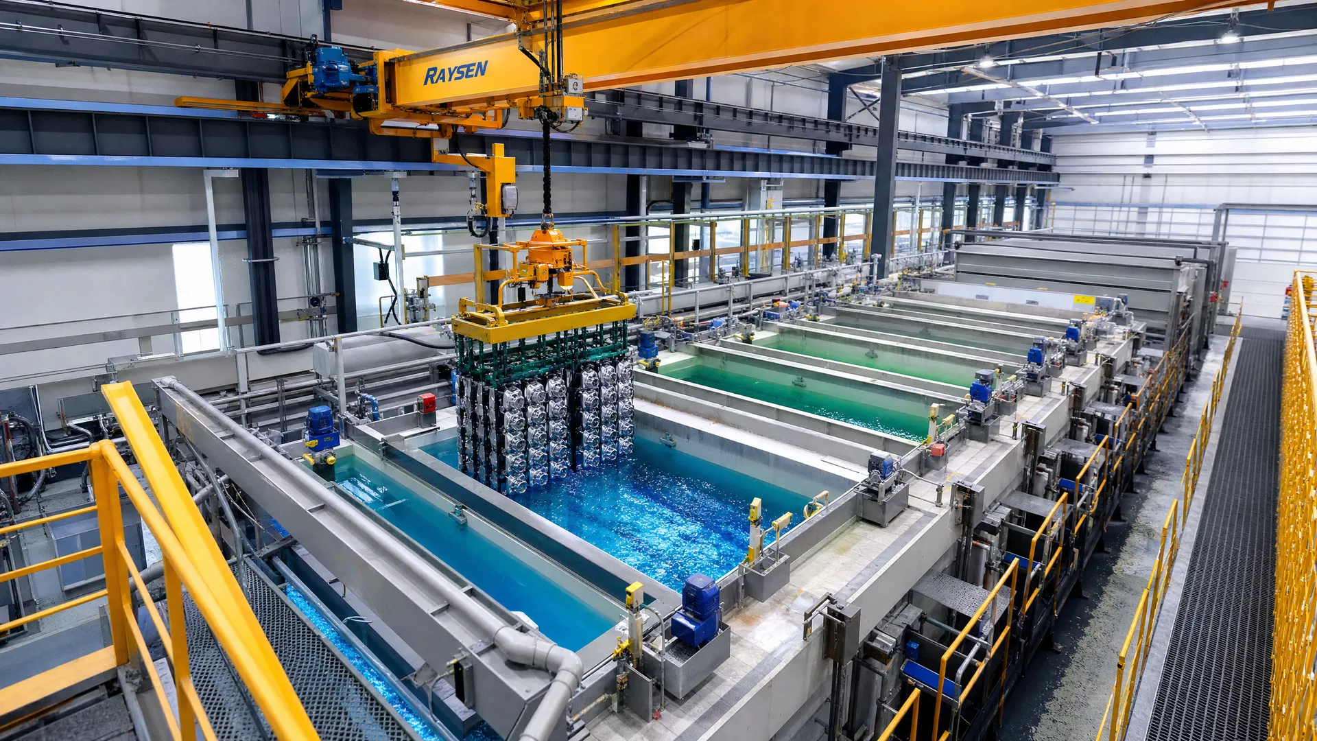Automatisierte Galvanik-Produktionslinie mit Elektrolytbädern und Krananlage von oben