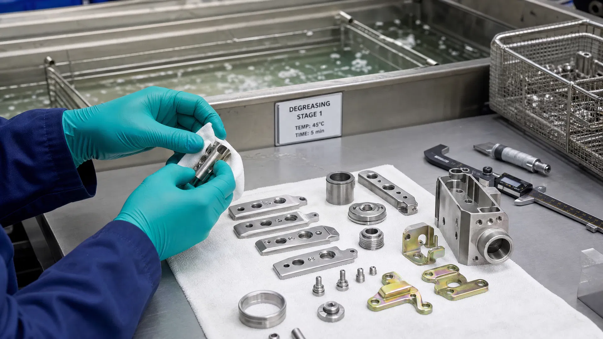 Metallteile werden sorgfältig für die galvanische Beschichtung vorbereitet