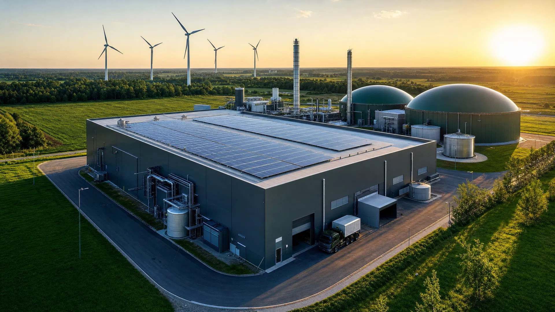 Industrielle Energieanlage mit Solaranlage, Windkraft und Biogasanlage