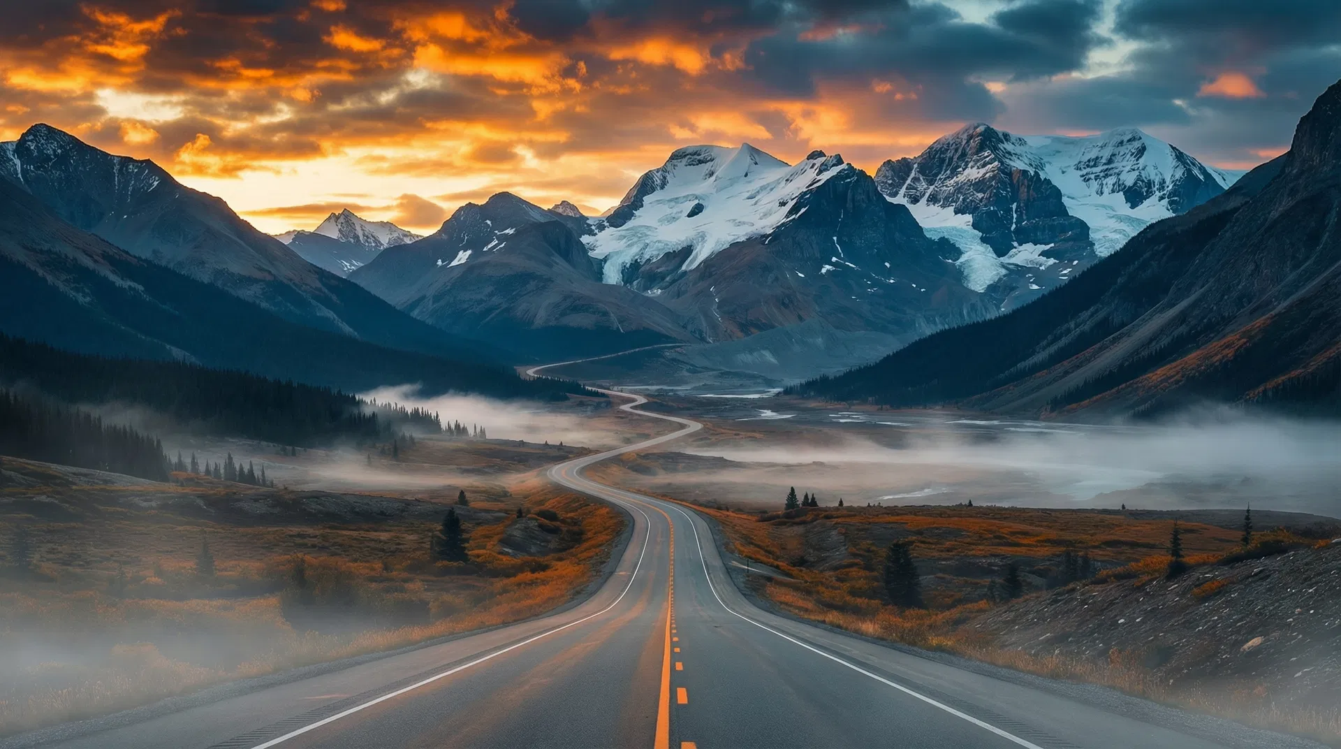Canadian Rocky Mountains highway at dawn