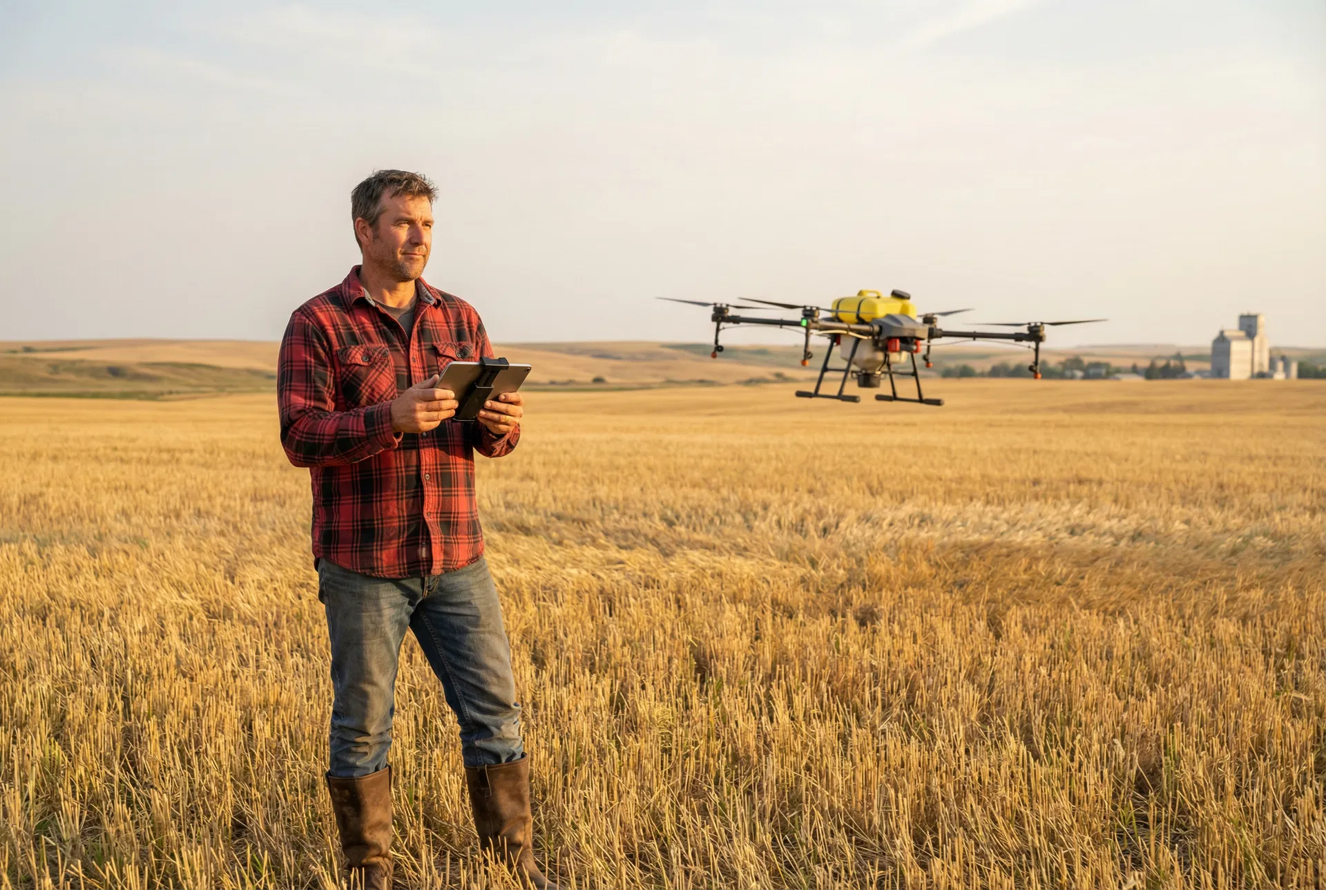 Farmer operating agricultural drone