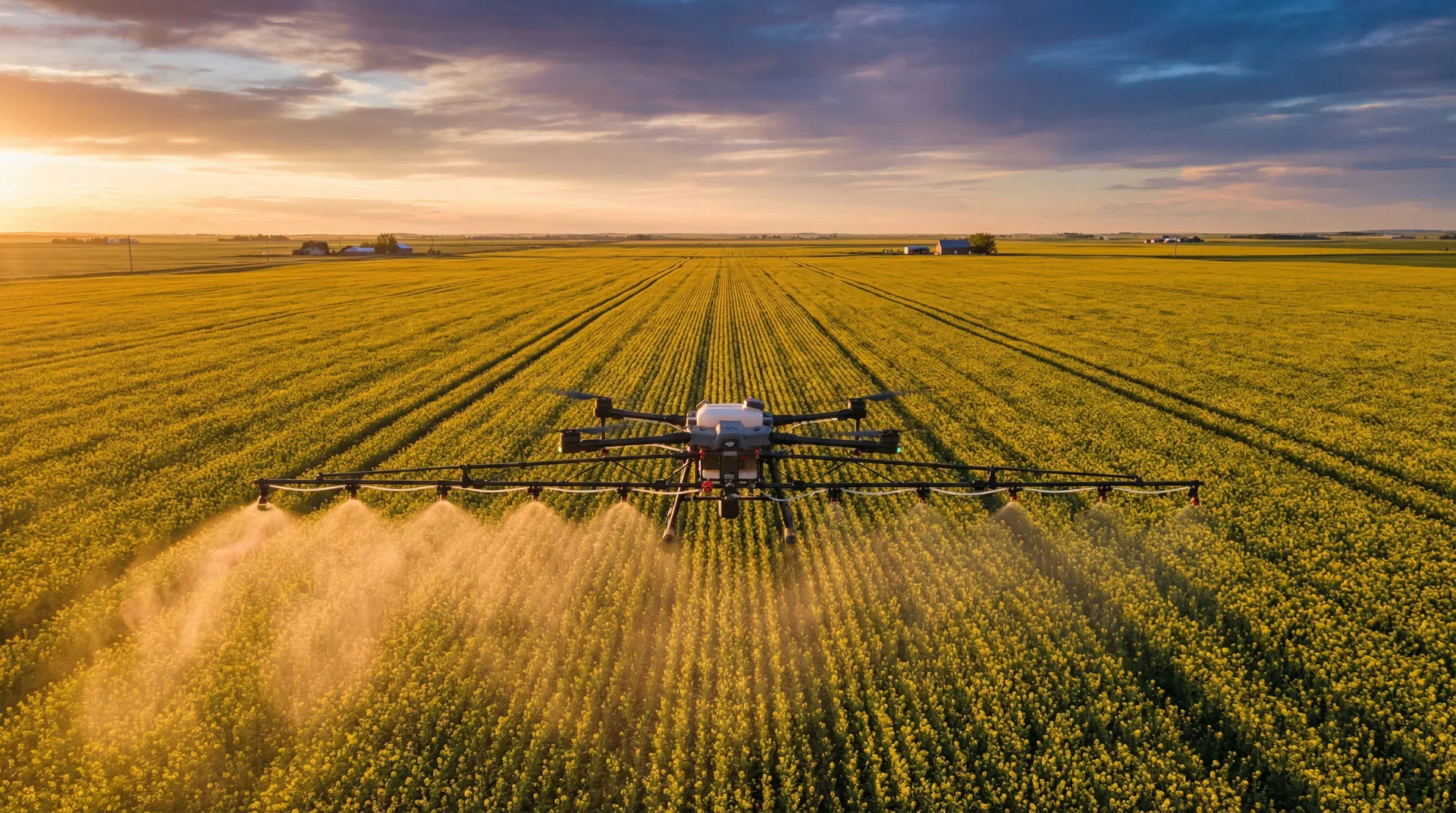 Multispectral drone capturing NDVI imagery over a flowering canola field in Central Alberta