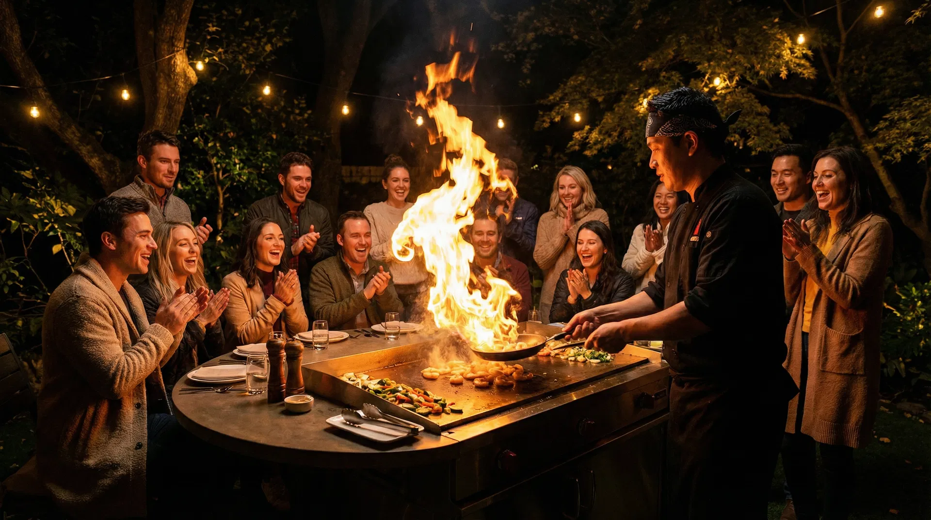 Hibachi chef cooking at backyard party with fire