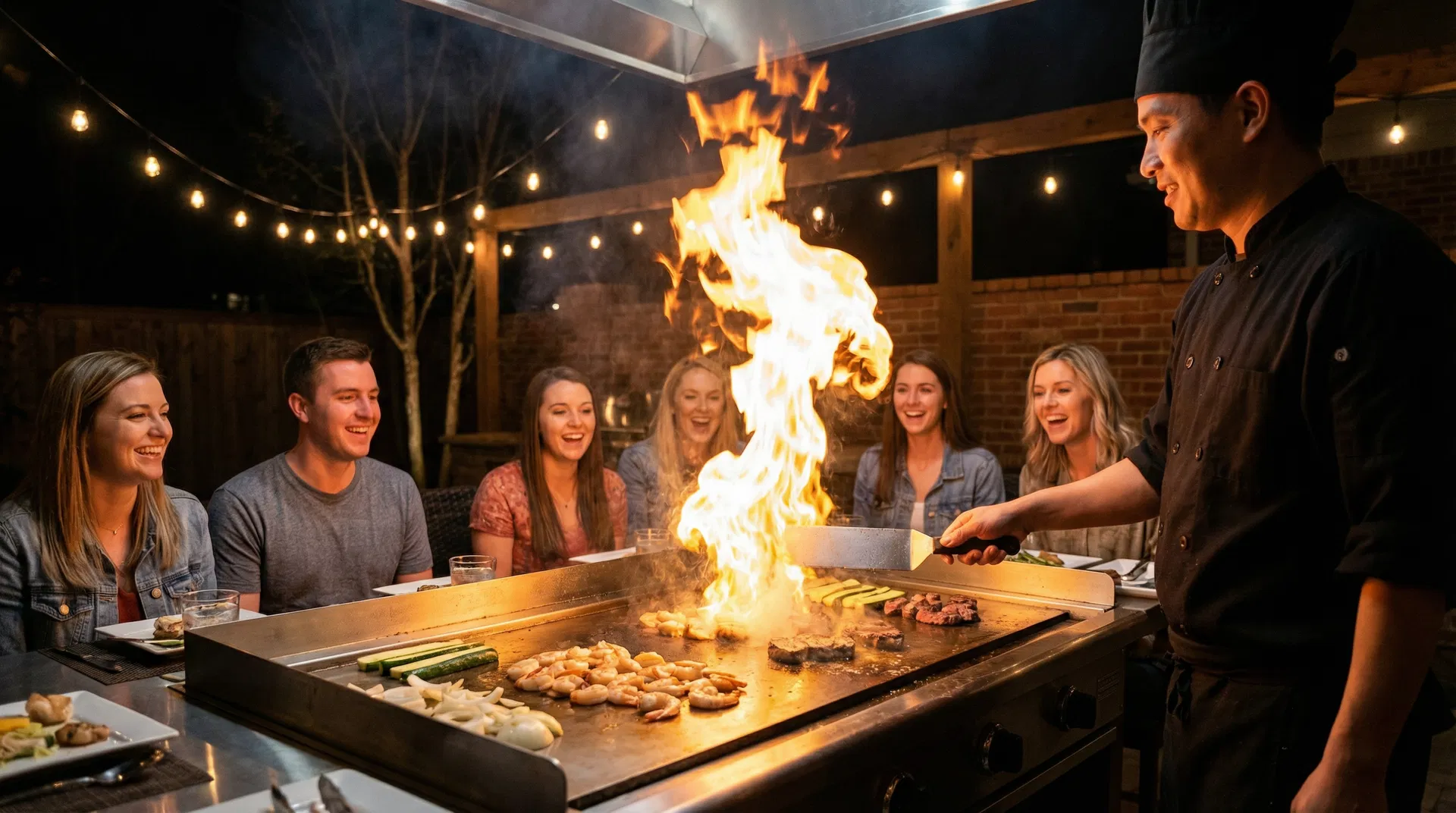 Hibachi chef cooking at a backyard party