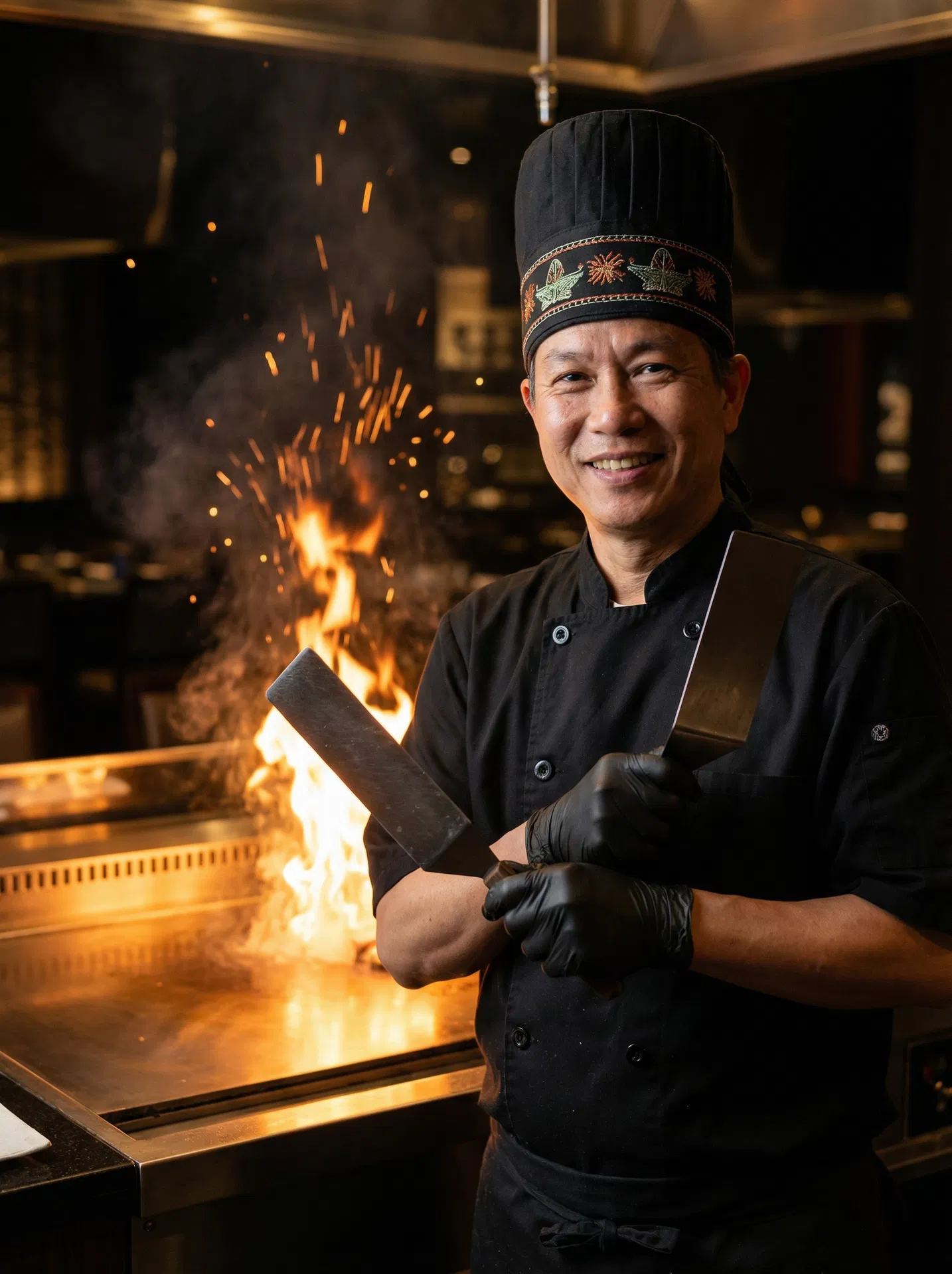 Hibachi chef portrait with spatulas