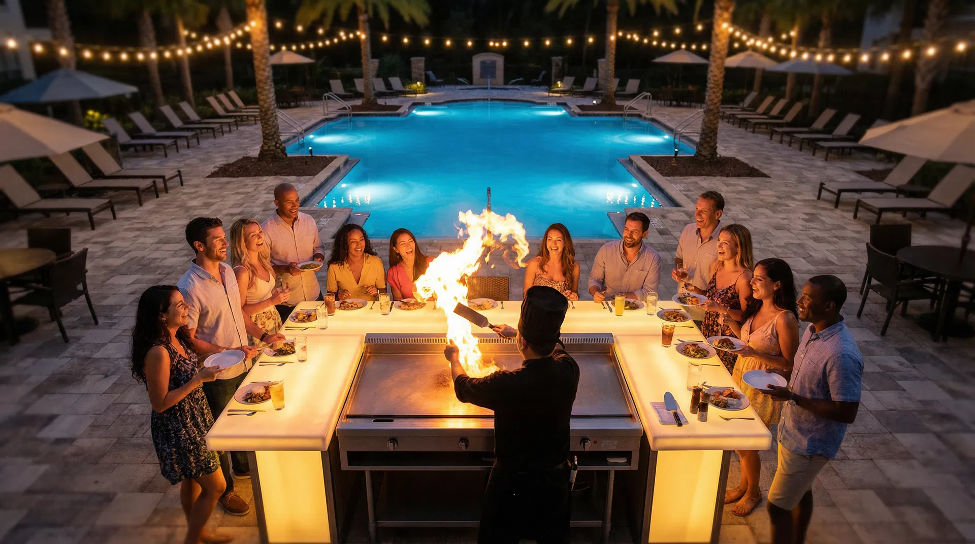 Hibachi dinner spread with steak, shrimp, fried rice and vegetables