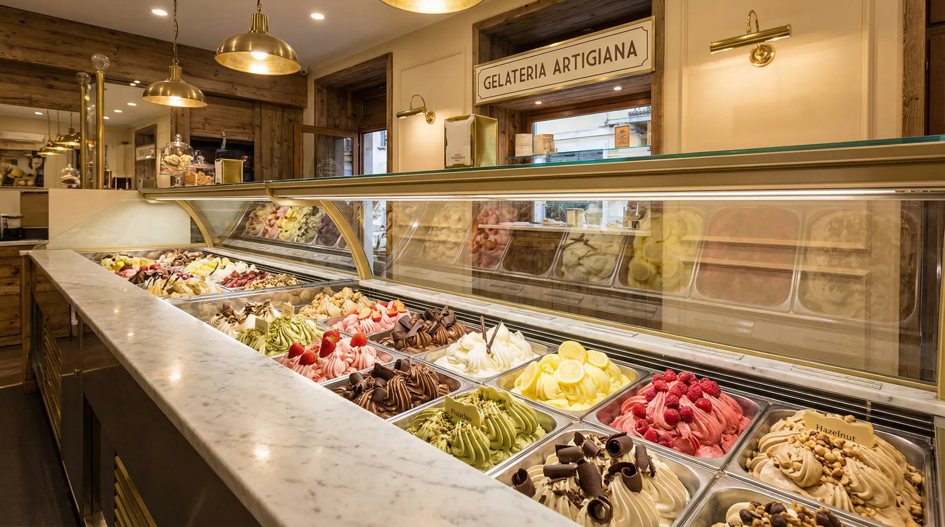 Gelato-Theke mit bunten Sorten