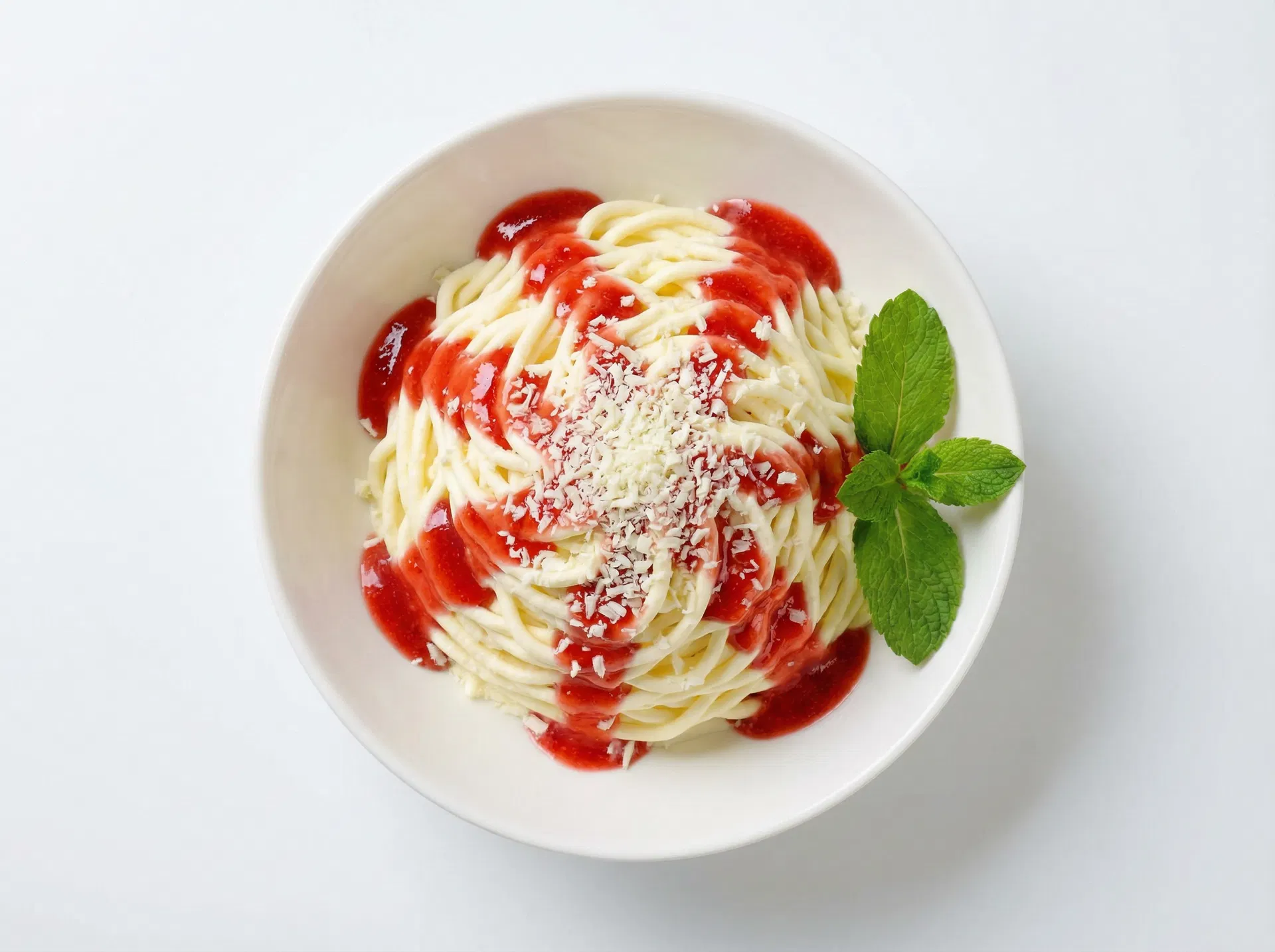 Spaghetti-Eis mit Erdbeersauce