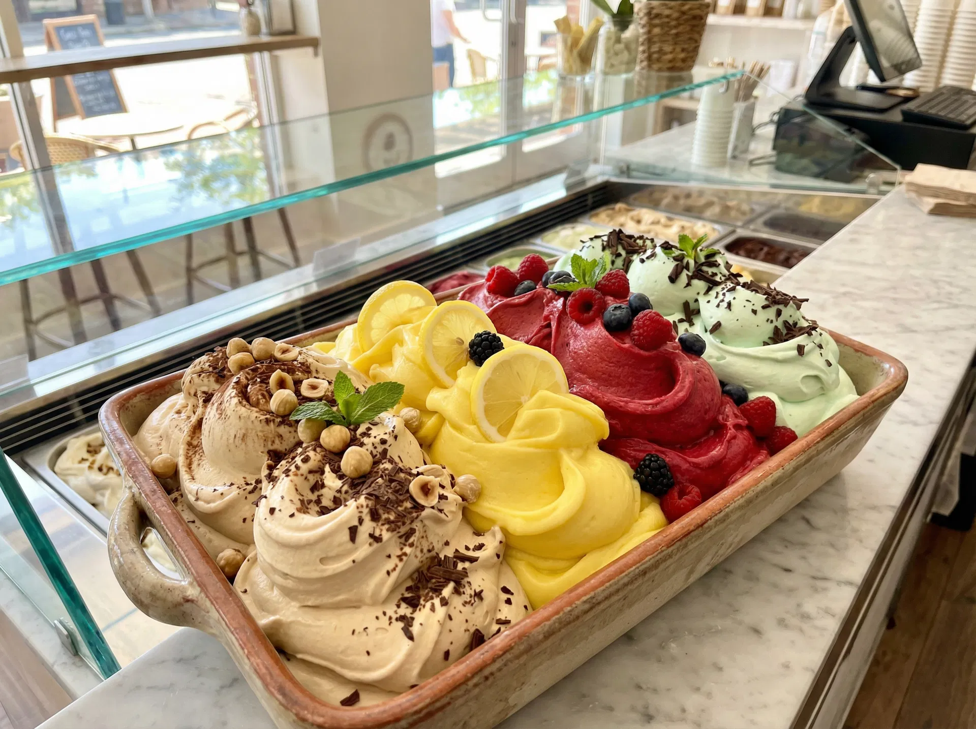 Gelato-Tablett mit Tiramisu, Zitrone, Himbeere & Minze