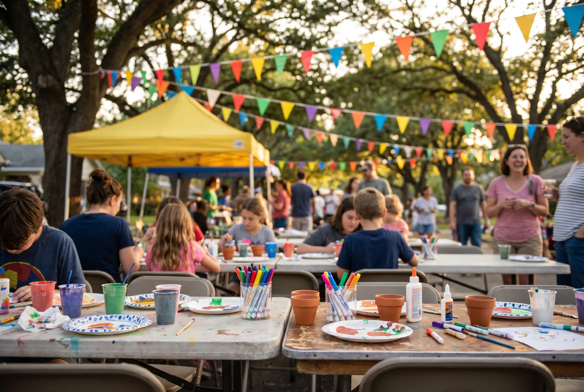 A vibrant neighborhood block party with crafts, activities, and community fun