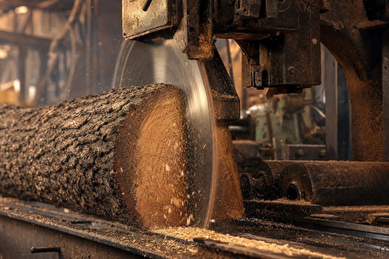 Industrial sawmill cutting hardwood log