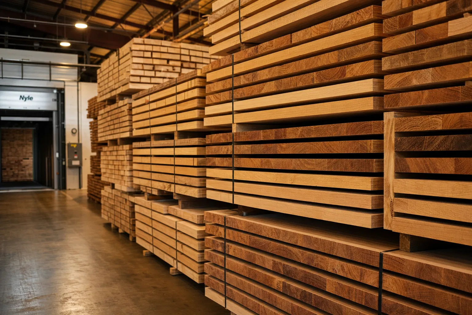 Stacked hardwood lumber in kiln drying facility