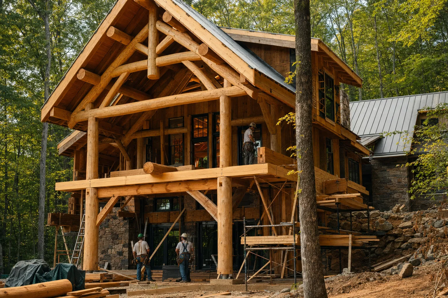 Log home under construction in North Carolina forest
