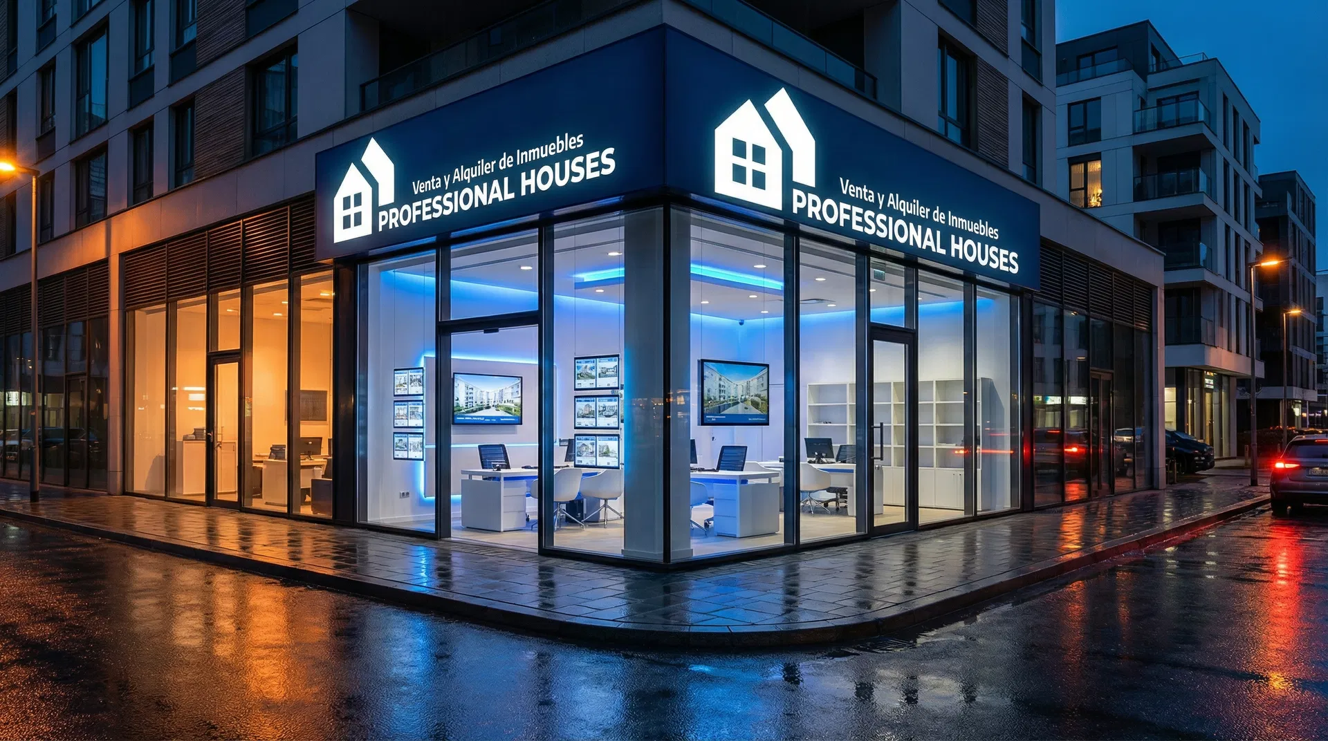 Oficina Professional Houses de noche con cartel iluminado