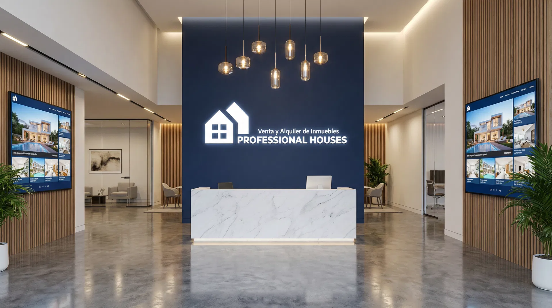 Recepción Professional Houses con logo corporativo