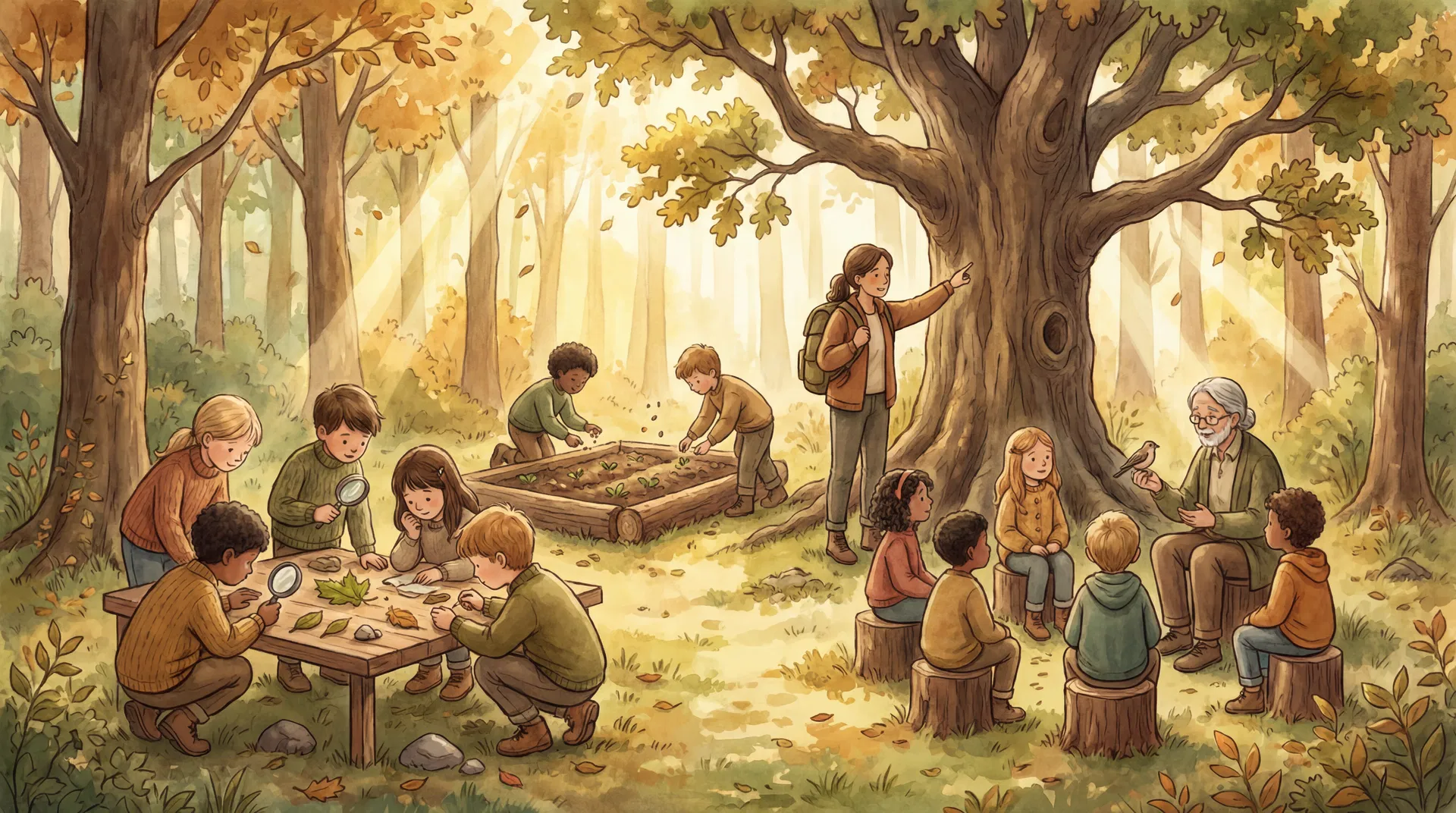 Children learning in forest