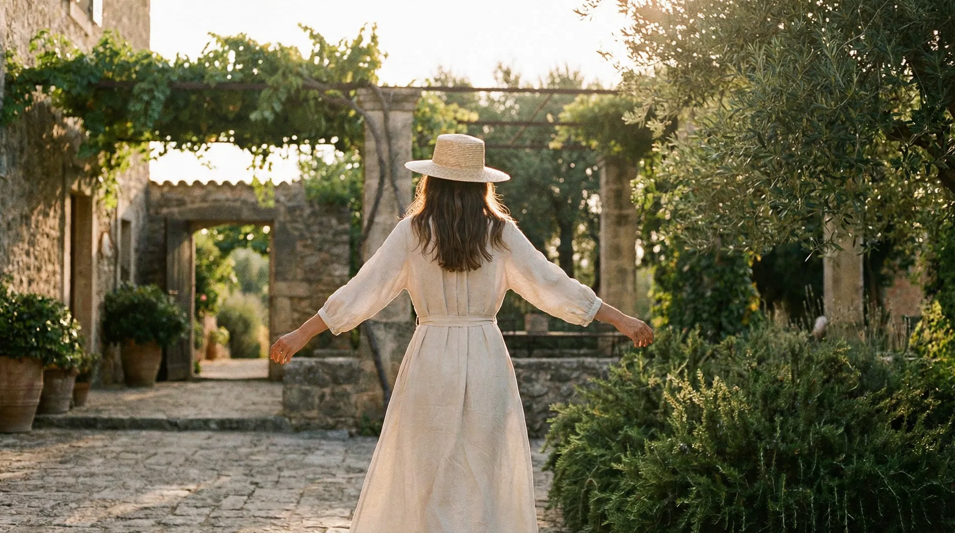 A woman walking through a sun-dappled garden