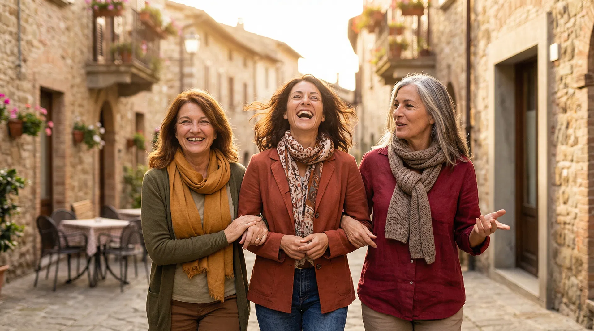 Three women of different ages laughing and walking together through a sunlit Italian cobblestone street, joyful and fully alive