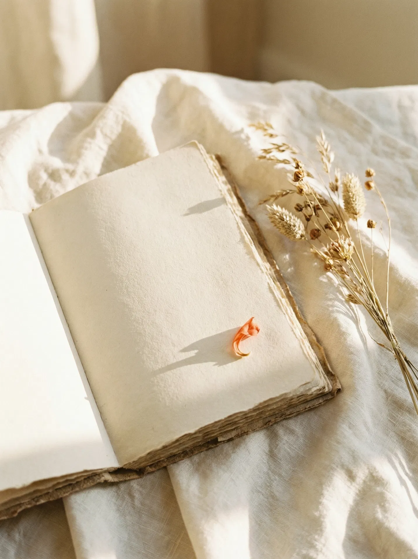 An open journal with dried botanicals in warm light