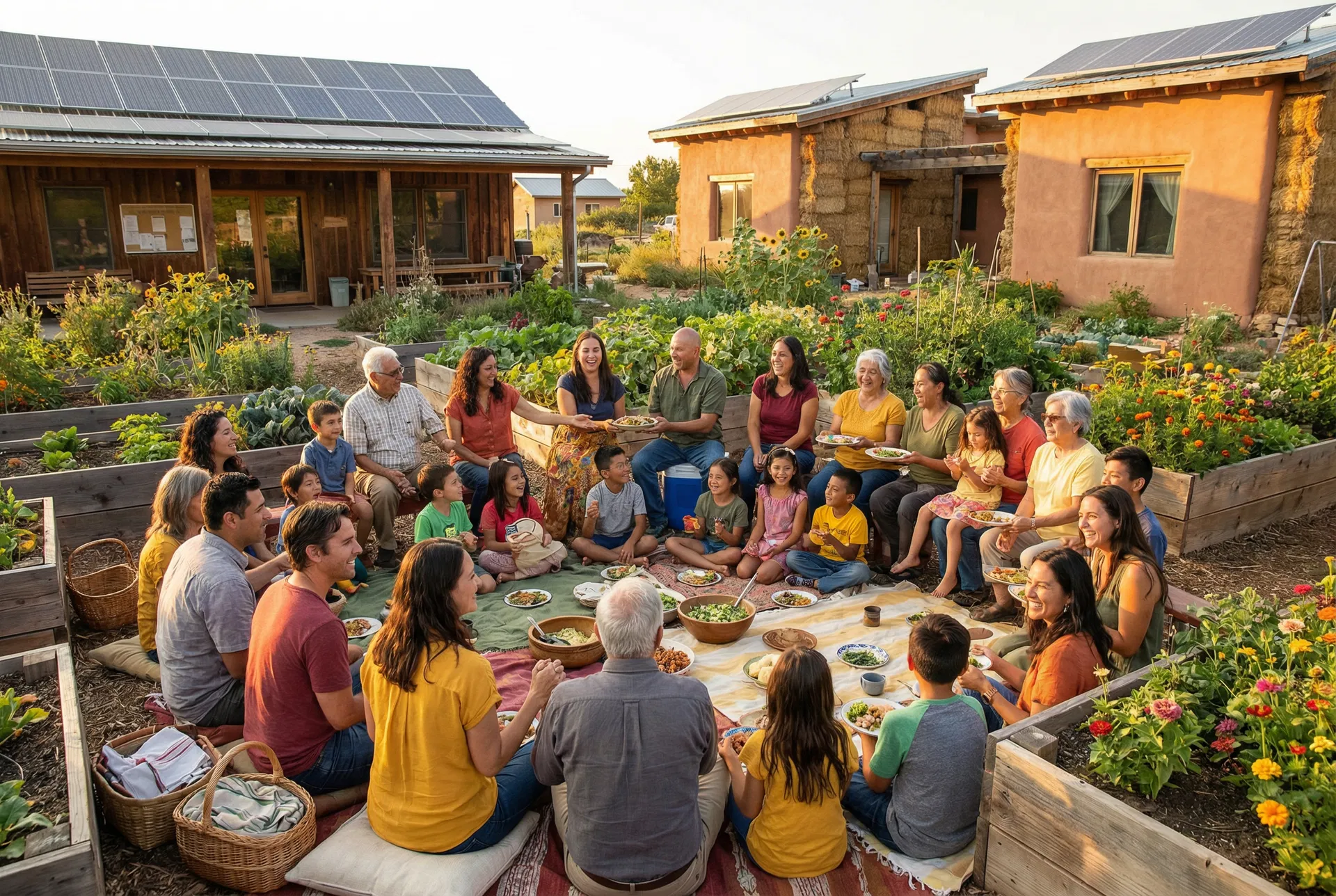 CASA shared community — diverse families sharing a meal together in a community garden