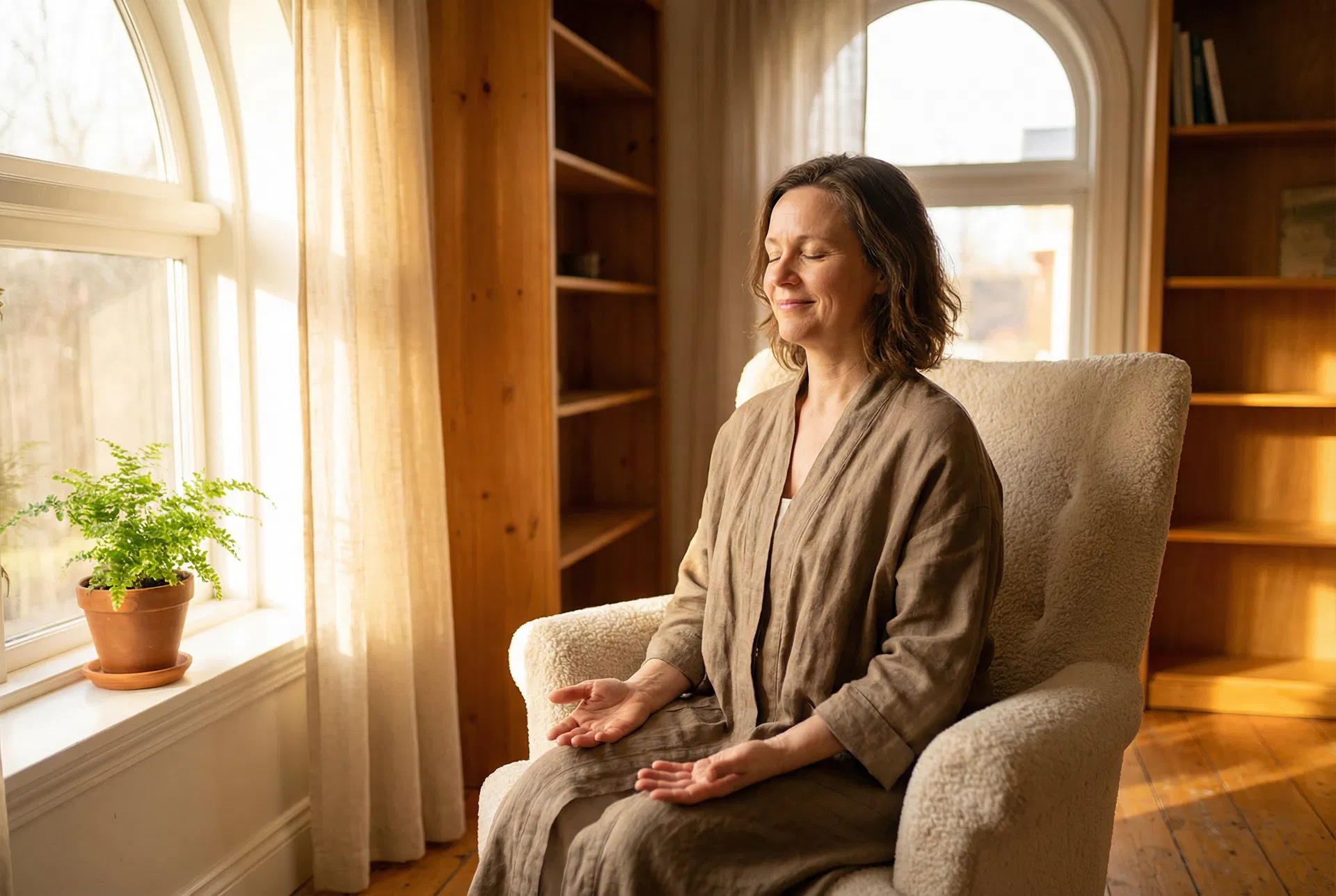 A woman in peaceful prayer in a sunlit sanctuary room